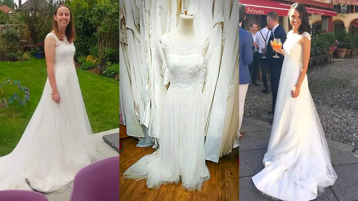 Zwei Bräute tragen das gleiche Hochzeitskleid