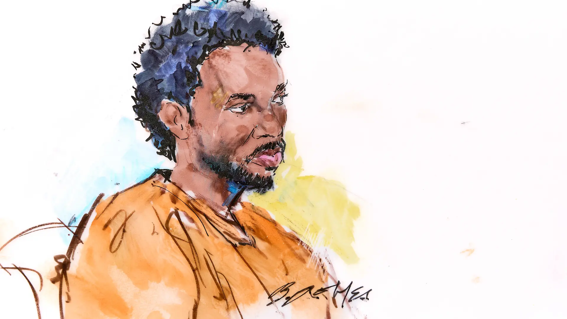 In this courtroom sketch, David Anthony Burke, whose stage name is D4vd, is seen in court Thursday, April 23, 2026, in Los Angeles on charges of killing a 14-year-old girl whose dismembered body was found in his car. (Bill Robles via AP)