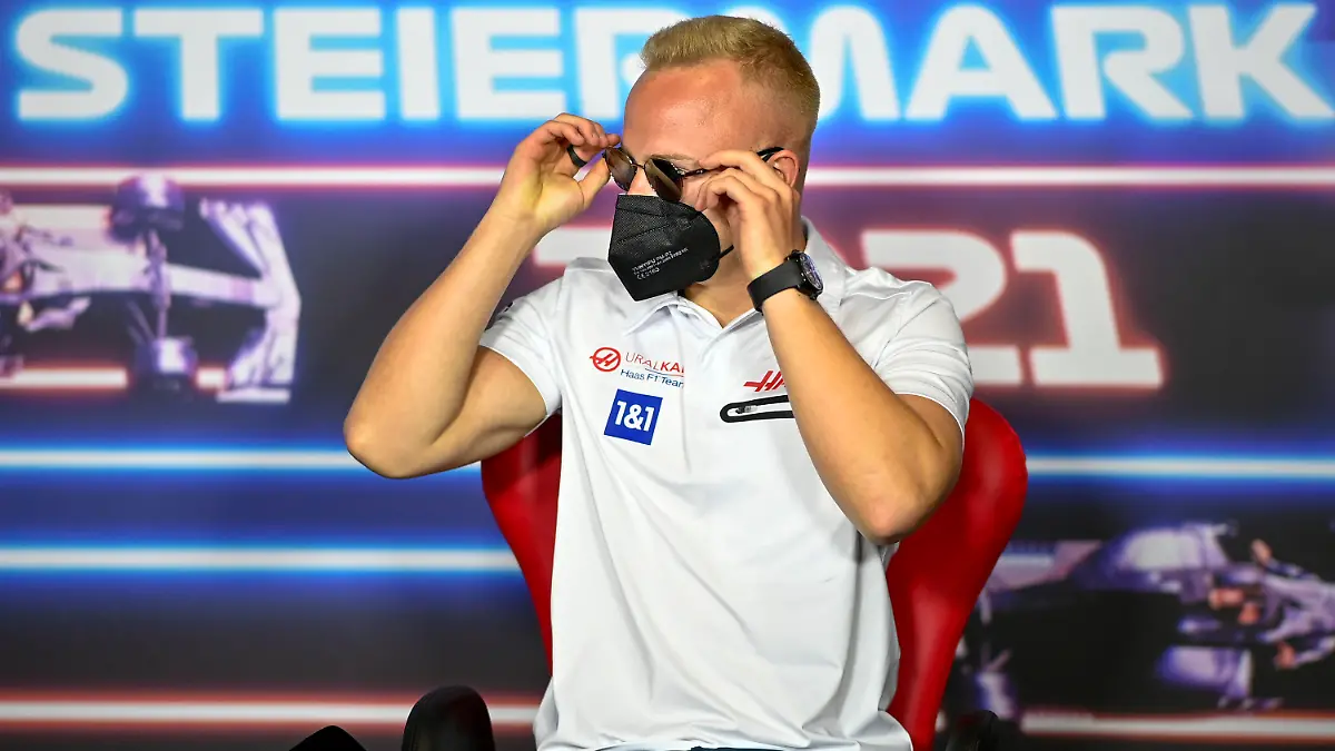 Haas driver Nikita Mazepin of Russia attends a news conference at the Red Bull Ring racetrack in Spielberg, Austria, Thursday, June 24, 2021. The Styrian Formula One Grand Prix will be held on Sunday, June 27, 2021. (Christian Bruna/Pool via AP)