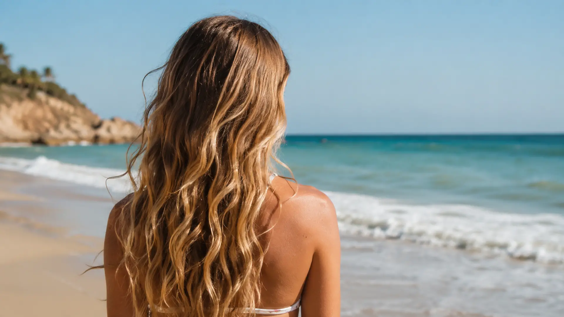 Frau mit langen, natürlichen Beach Waves steht von hinten am Strand und blickt aufs Meer – Symbolbild für den Frisurentrend Beach Waves 2026.