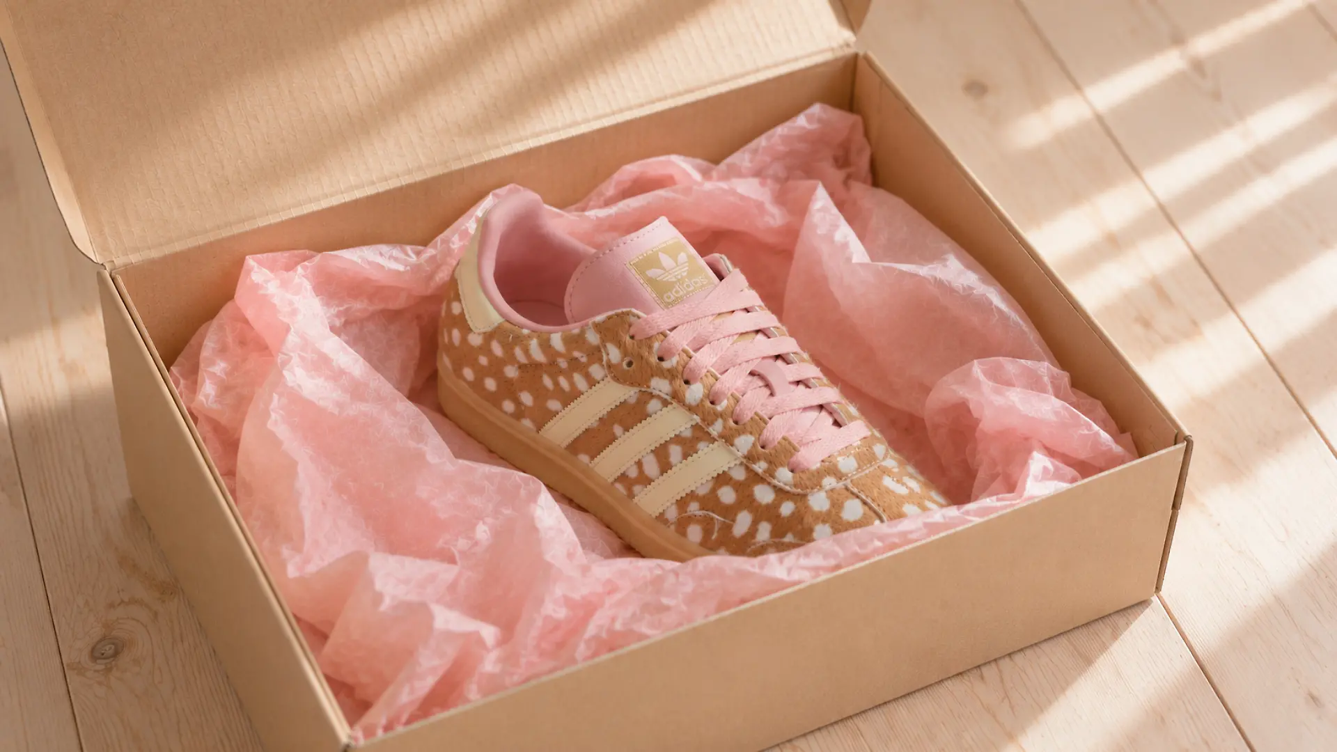 Der Bambi-Sneaker mit Rehkitz-Muster von Adidas liegt in einem Schuhkarton.
