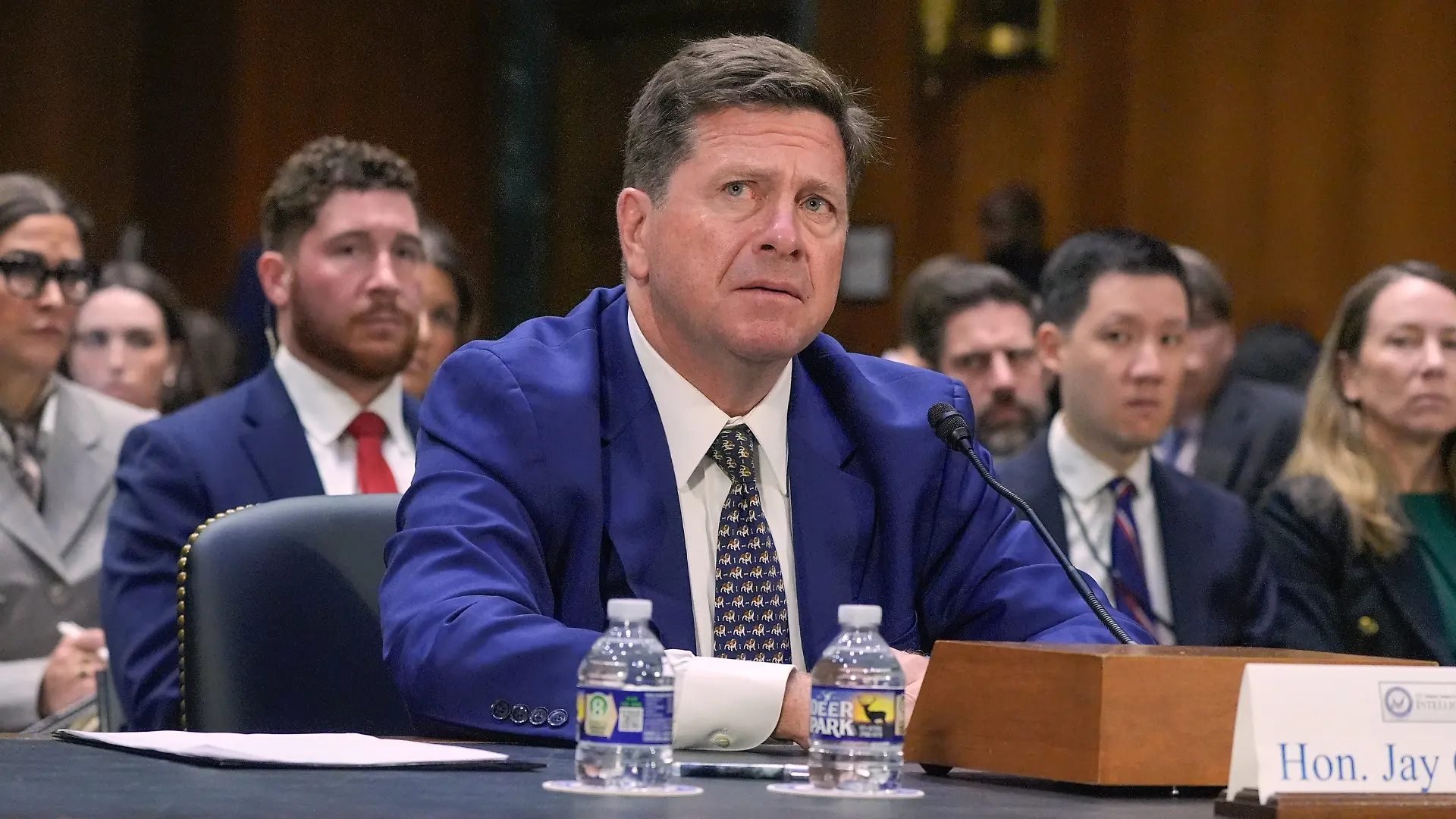 Jay Clayton testifies during a Senate Intelligence Committee confirmation hearing to be the next Director of National Intelligence on Capitol Hill, Wednesday, July 15, 2026, in Washington. (AP Photo/Mariam Zuhaib)