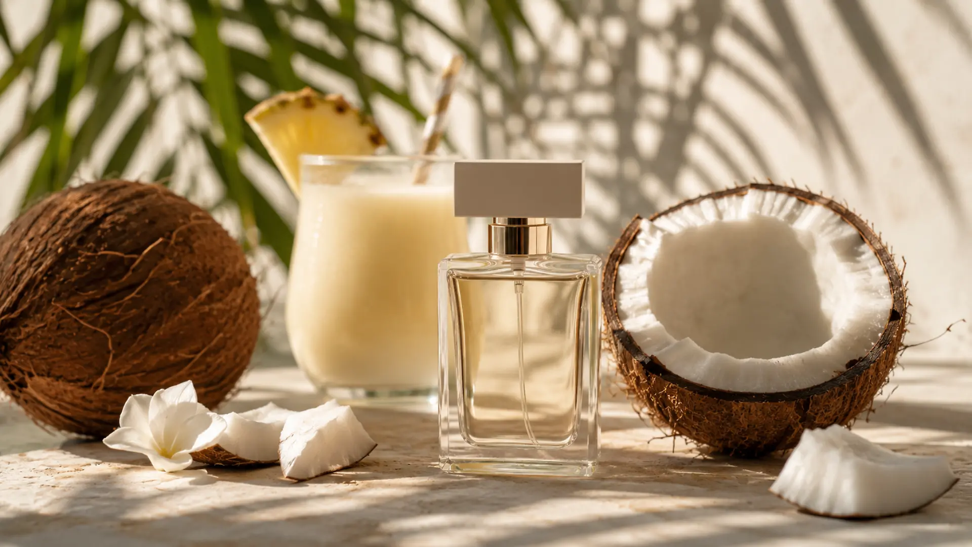 Symbolisches Parfum ohne Logo neben frischer Kokosnuss und einem tropischen Cocktail vor sommerlicher Urlaubskulisse.