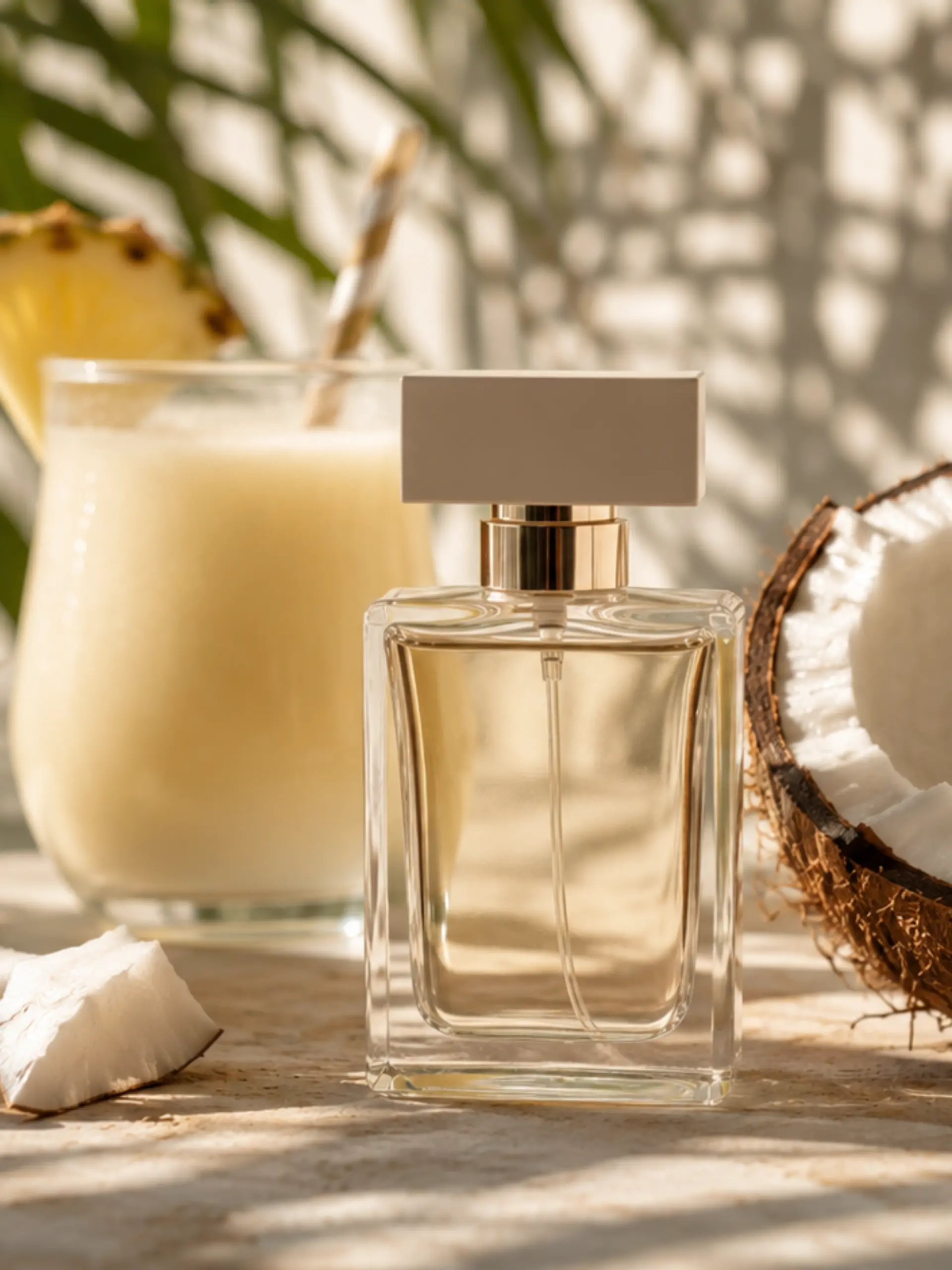 Symbolisches Parfum ohne Logo neben frischer Kokosnuss und einem tropischen Cocktail vor sommerlicher Urlaubskulisse.