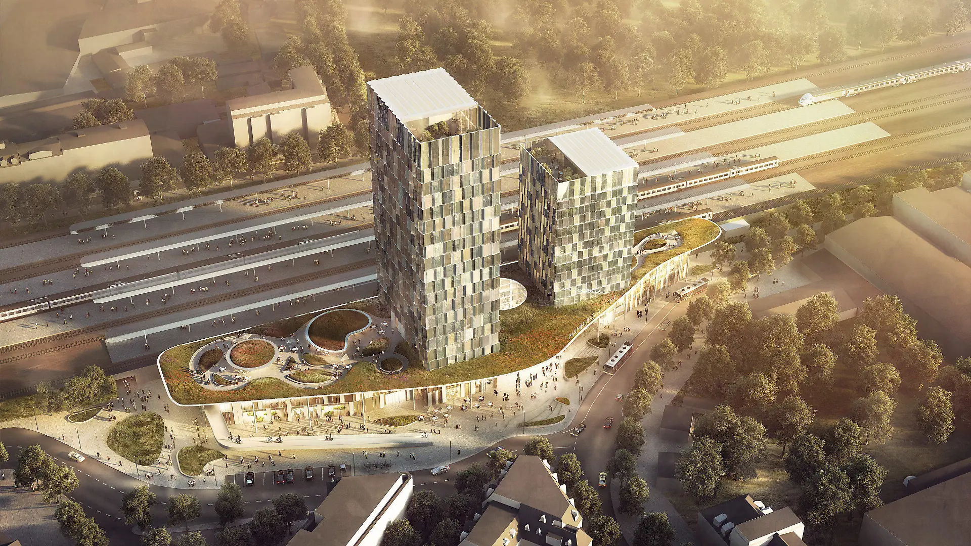 ARCHIV - 24.06.2018, Hamburg: Die undatierte Visualisierung des Architektenbüros C.F. Møller zeigt den geplanten Fernbahnhof Altona am Diebsteich in Hamburg. Der Startschuss für die Bauarbeiten soll am 05.07.2021 fallen. (Zu dpa: «Vor dem Baustart: Neuer Fernbahnhof Altona soll 2027 starten») Foto: Architektenbüro C.F. Møller/dpa - ACHTUNG: Nur zur redaktionellen Verwendung im Zusammenhang mit der aktuellen Berichterstattung und nur mit vollständiger Nennung des vorstehenden Credits +++ dpa-Bildfunk +++