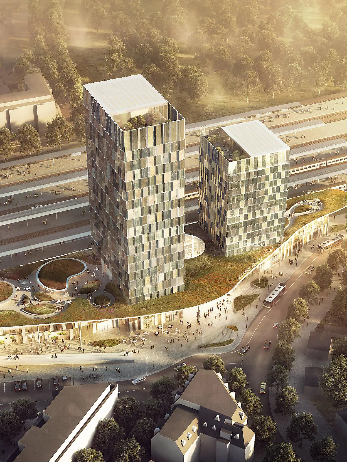 ARCHIV - 24.06.2018, Hamburg: Die undatierte Visualisierung des Architektenbüros C.F. Møller zeigt den geplanten Fernbahnhof Altona am Diebsteich in Hamburg. Der Startschuss für die Bauarbeiten soll am 05.07.2021 fallen. (Zu dpa: «Vor dem Baustart: Neuer Fernbahnhof Altona soll 2027 starten») Foto: Architektenbüro C.F. Møller/dpa - ACHTUNG: Nur zur redaktionellen Verwendung im Zusammenhang mit der aktuellen Berichterstattung und nur mit vollständiger Nennung des vorstehenden Credits +++ dpa-Bildfunk +++