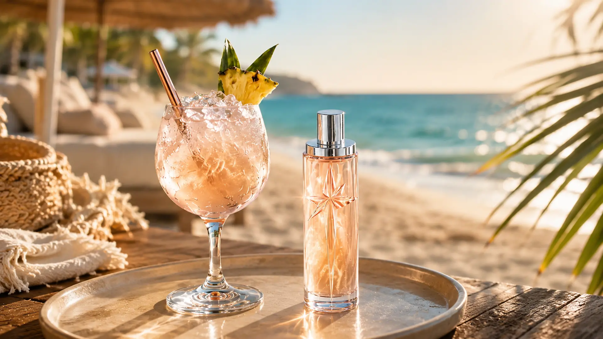 Parfumflakon neben einem tropischen Mocktail mit Ananas am Strand vor türkisblauem Meer und sommerlicher Urlaubskulisse