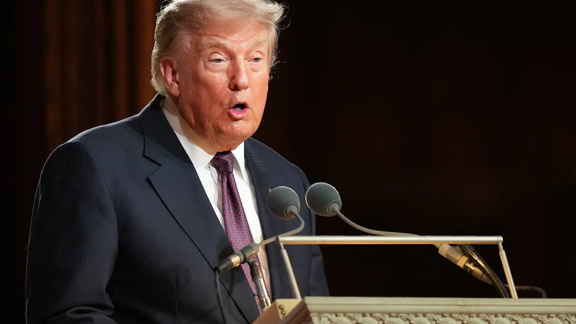 United States President Donald J Trump speaks at the funeral of late US Senator Lindsey Graham (Republican of South Carolina), at the Washington National Cathedral, Tuesday, July 28, 2026, in Washington. Credit: CNP / AdMedia