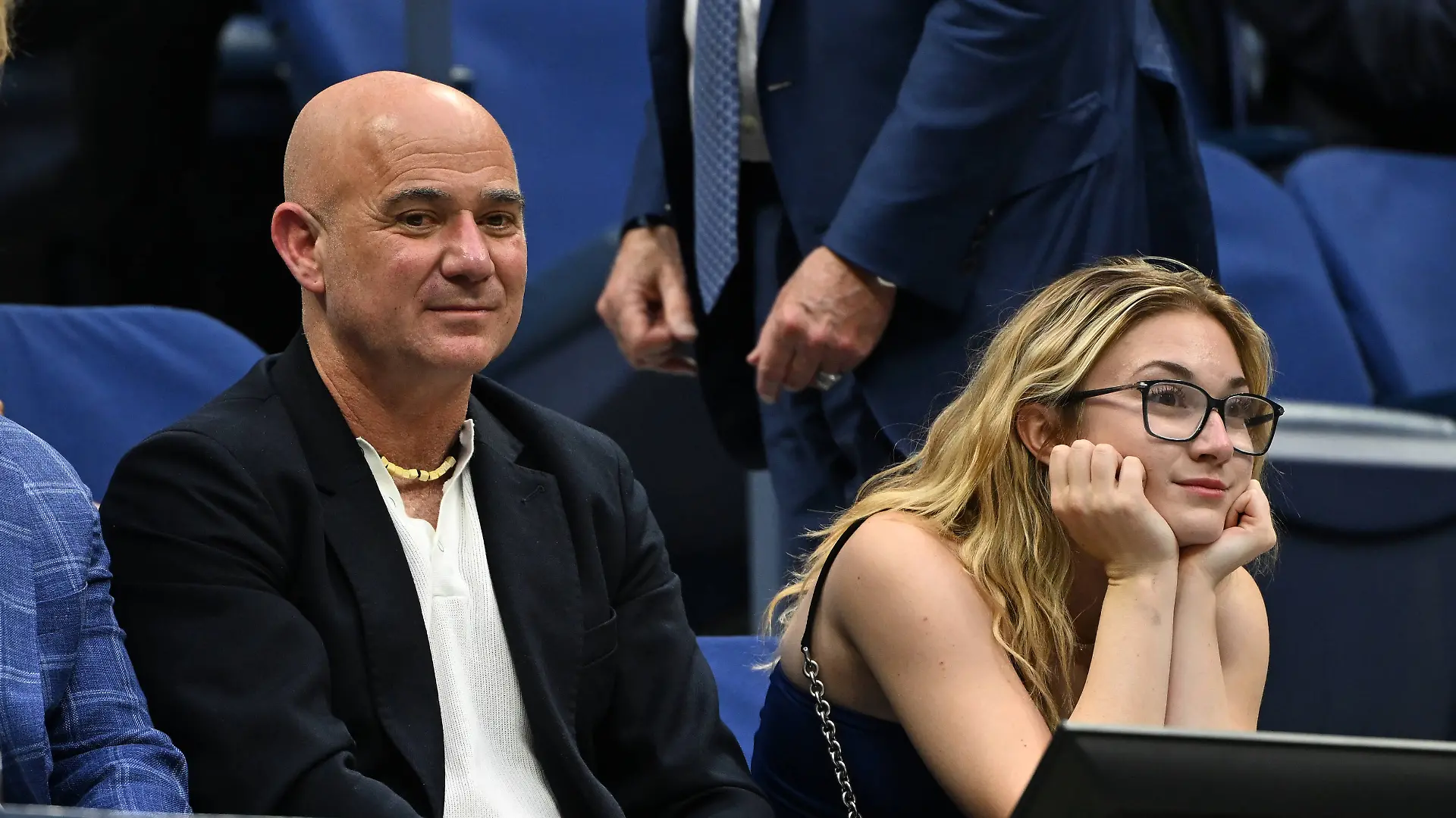 FLUSHING NY- AUGUST 24: Andre Agassi and his daughter Jaz Ella Agassi are seen watching Novak Djokovic Vs Learner Tien on Louis Armstrong Stadium at the USTA Billie Jean King National Tennis Center on August 24, 2025 in Flushing Queens. Copyright: xmpi04x
