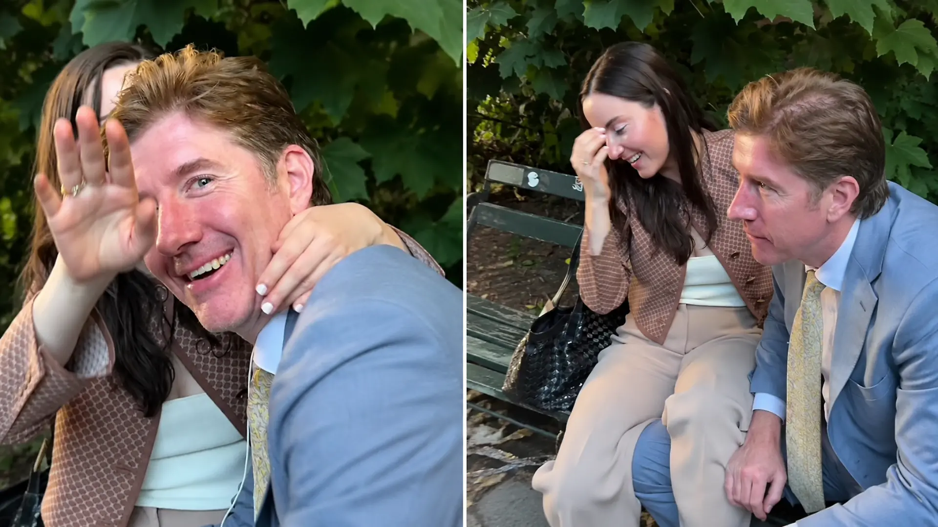 Nathaniel Cullerton und Kelsey Borenzweig auf einer Parkbank, nachdem sie beim Knutschen erwischt worden sind
