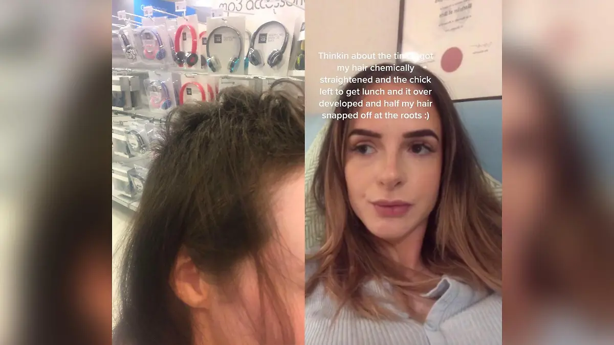 Eine Frau auf TikTok erzählt ihre Geschichte, als ihr während eines chemischen Haarglättungsverfahrens die Haare büschelweise - noch während sie beim Friseur saß - ausgefallen sind.