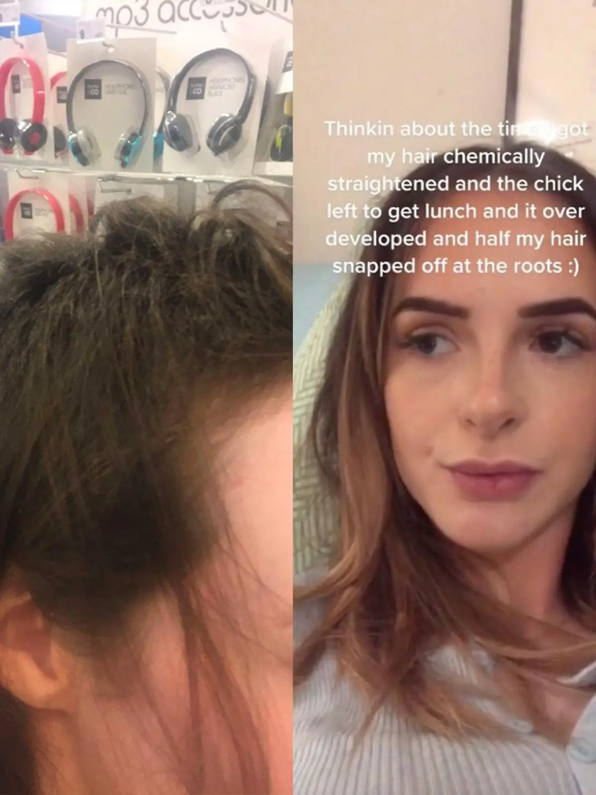 Eine Frau auf TikTok erzählt ihre Geschichte, als ihr während eines chemischen Haarglättungsverfahrens die Haare büschelweise - noch während sie beim Friseur saß - ausgefallen sind.