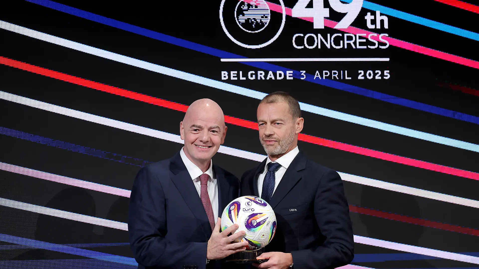 (250403) -- BELGRADE, April 3, 2025 (Xinhua) -- FIFA President Gianni Infantino (L) and UEFA president Aleksander Ceferin pose for photos during the 49th UEFA ordinary Congress at the Sava Center in Belgrade, Serbia, April 3, 2025. (Photo by Predrag Milosavljevic/Xinhua)
