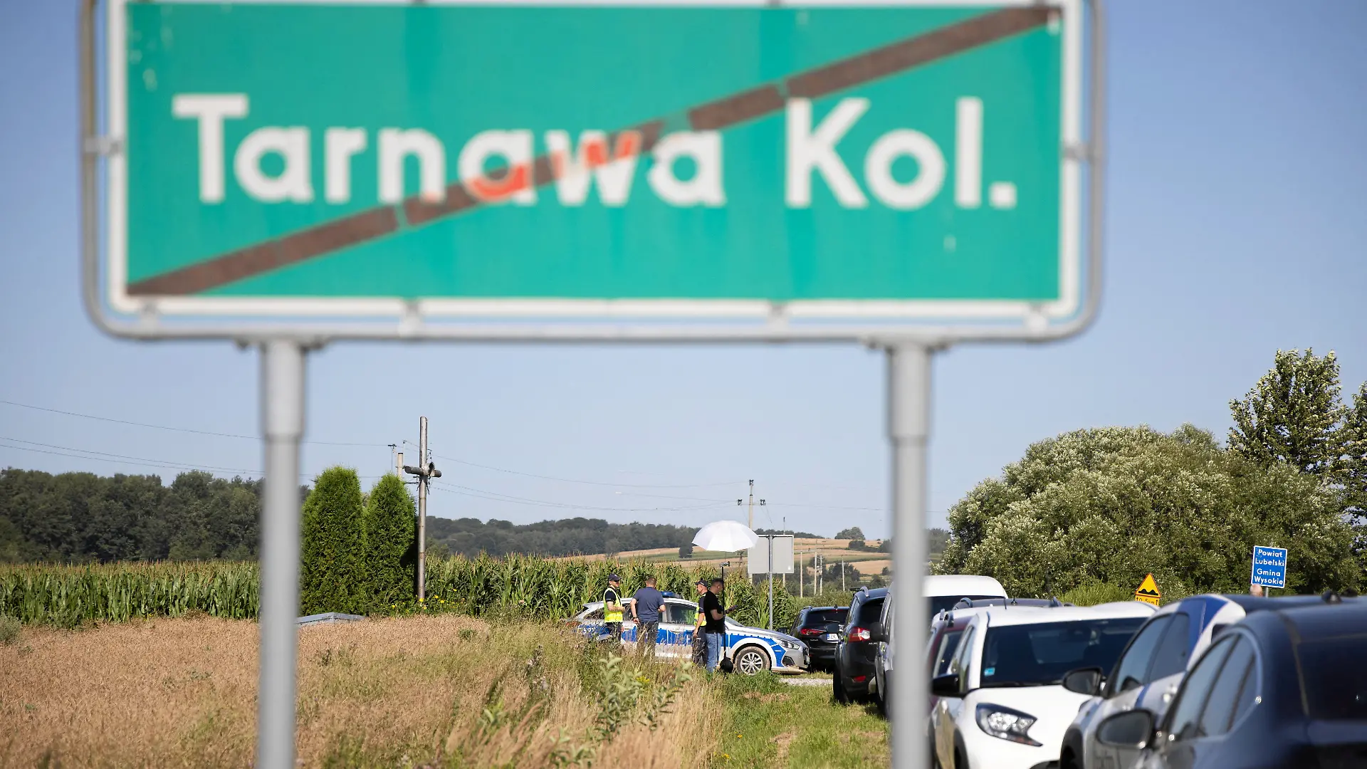 A road sign reading "Tarnawa Kolonia" stands near the site where an unidentified flying object, believed to be a Russian cruise missile, as Ukraine's foreign minister said on Thursday, fell after violating Polish airspace, in Tarnawa Kolonia, near Lublin, Poland, July 30, 2026. Jakub Orzechowski/Agencja Wyborcza.pl via REUTERS ATTENTION EDITORS - THIS IMAGE WAS PROVIDED BY A THIRD PARTY. POLAND OUT. NO COMMERCIAL OR EDITORIAL SALES IN POLAND.
