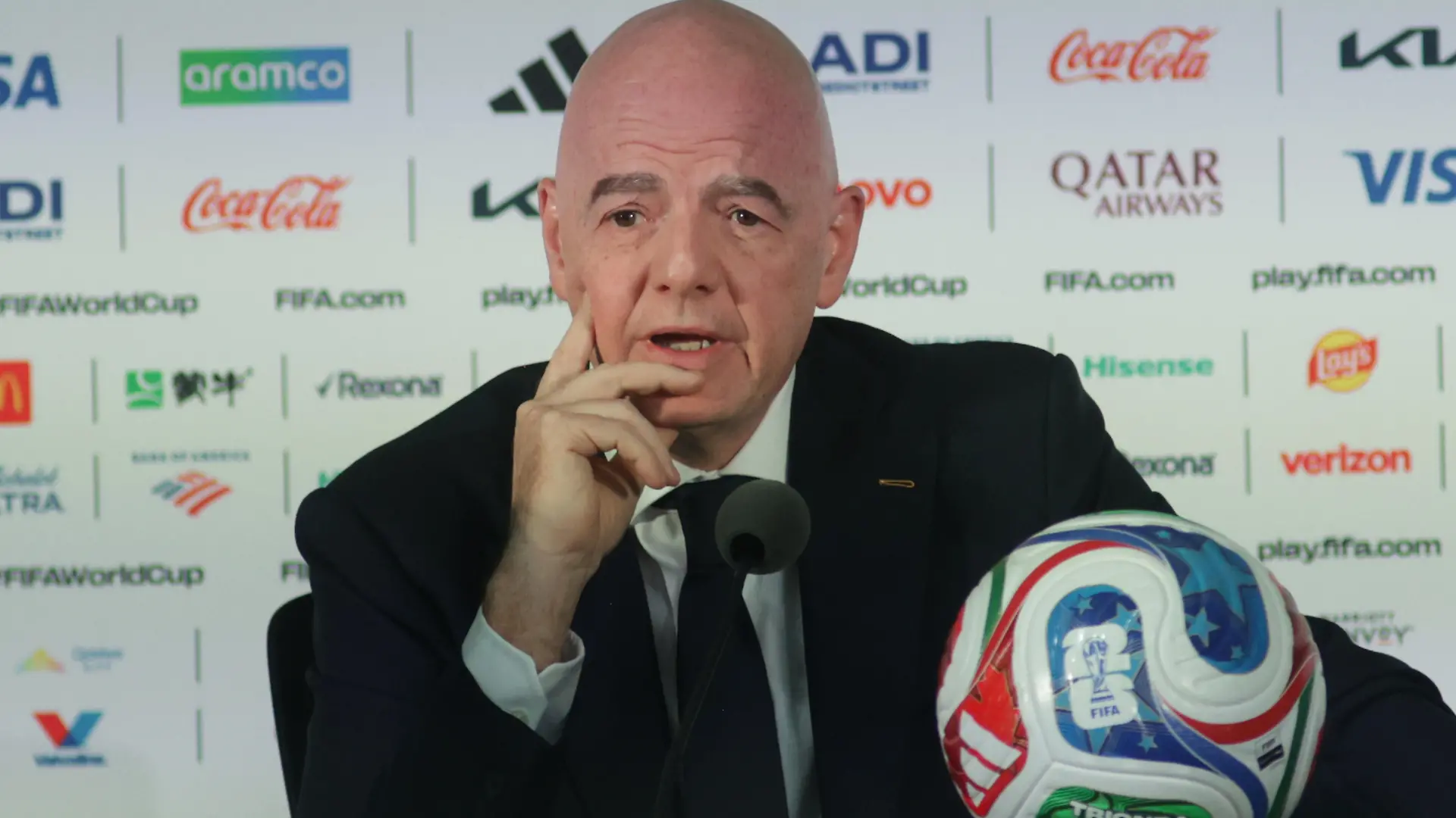 FIFA President Gianni Infantino speaks during a press conference ahead of the opening of the 2026 FIFA World Cup at the Azteca Stadium, now known as Mexico City Stadium, on June 10, 2026, in Mexico City, Mexico. (Photo by Ismael Rosas/Eyepix Group/NurPhoto)