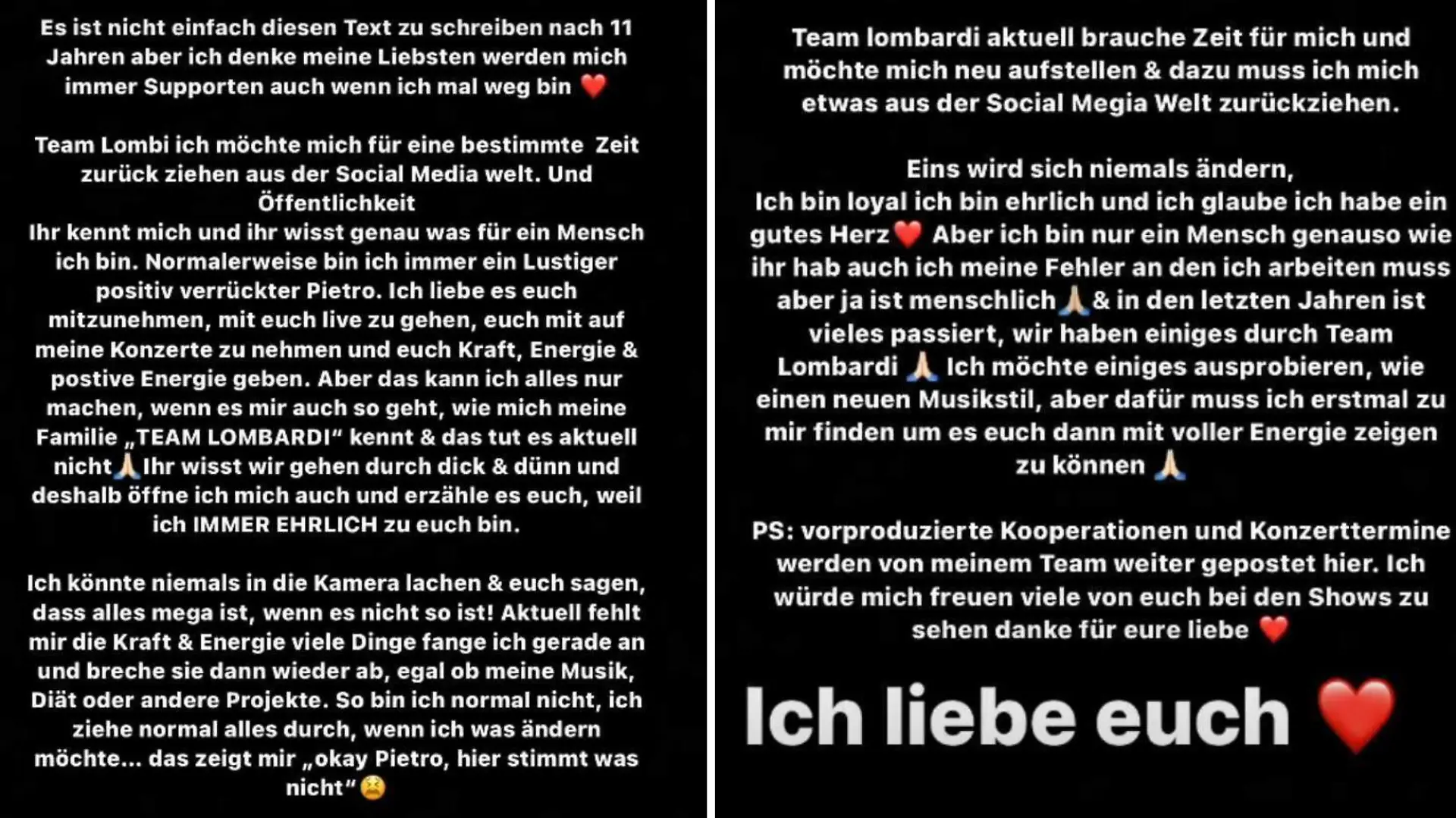 Pietro Lombardi hat einen langen Brief für seine Fans verfasst, um ihnen seine Entscheidung zu erklären.