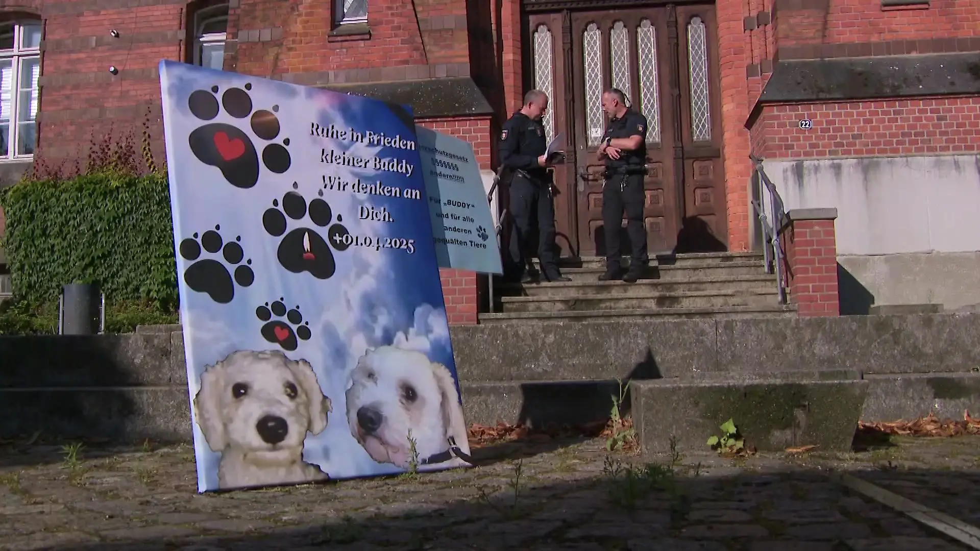 Mit Plakaten fordern Tierfreunde vor dem Amtsgericht Flensburg Gerechtigkeit für den getöteten Hund Buddy.