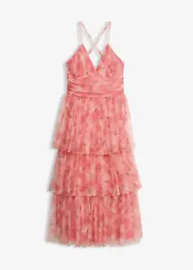 Midikleid aus zartem Tüll mit Volants, Pink-geblümt