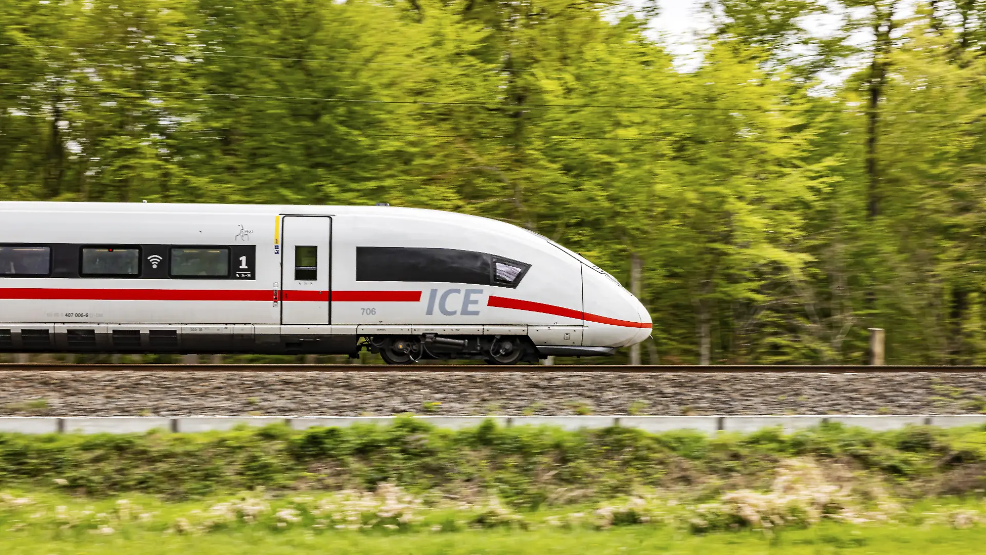 Bahngleise bei Mörfelden-Walldorf. Ein ICE fährt auf freier strecke durch einen Wald. Mitzieher, Bewegungsunschärfe. Mörfelden-Walldorf, Baden-Württemberg, Deutschland