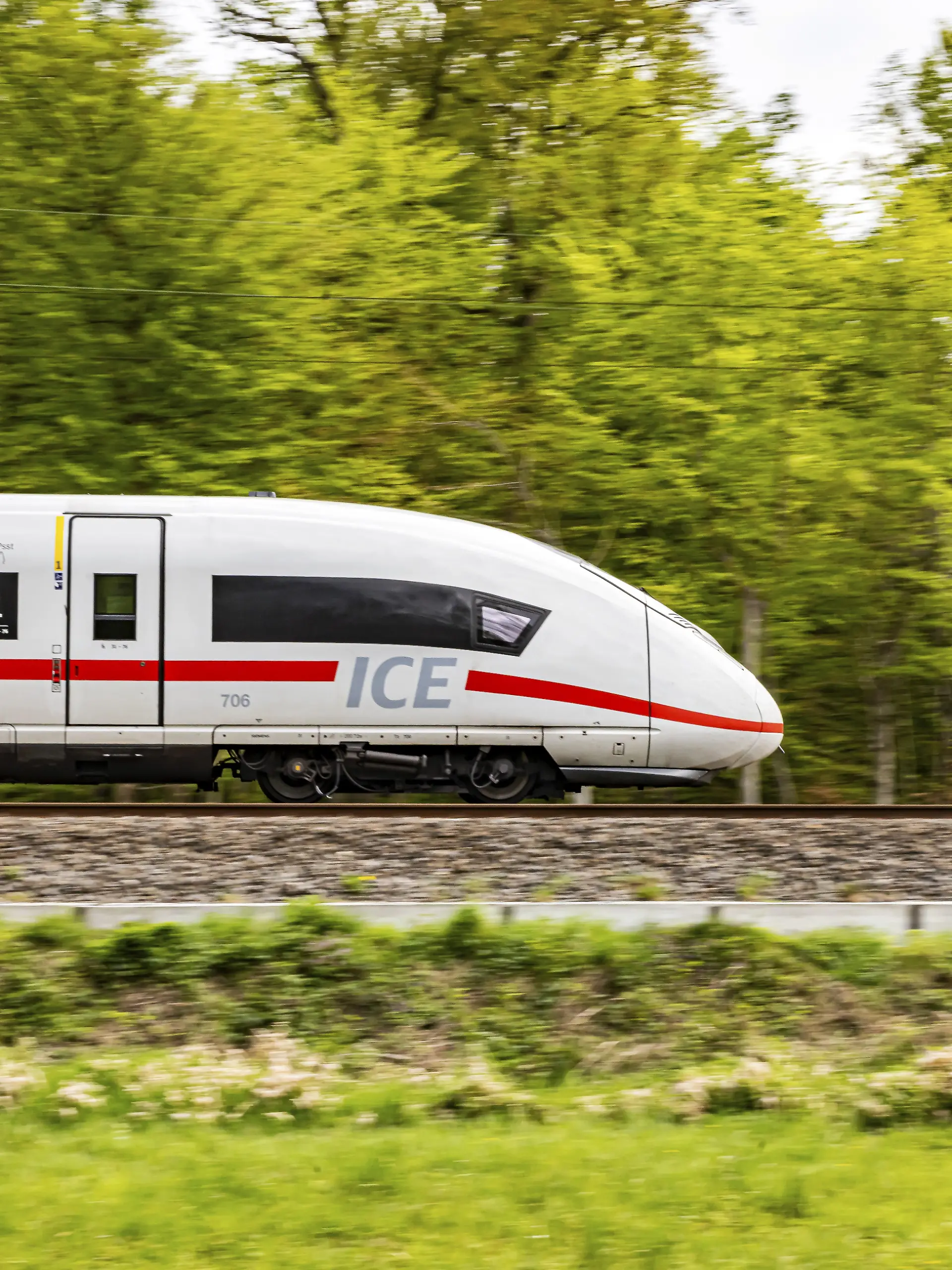 Bahngleise bei Mörfelden-Walldorf. Ein ICE fährt auf freier strecke durch einen Wald. Mitzieher, Bewegungsunschärfe. Mörfelden-Walldorf, Baden-Württemberg, Deutschland