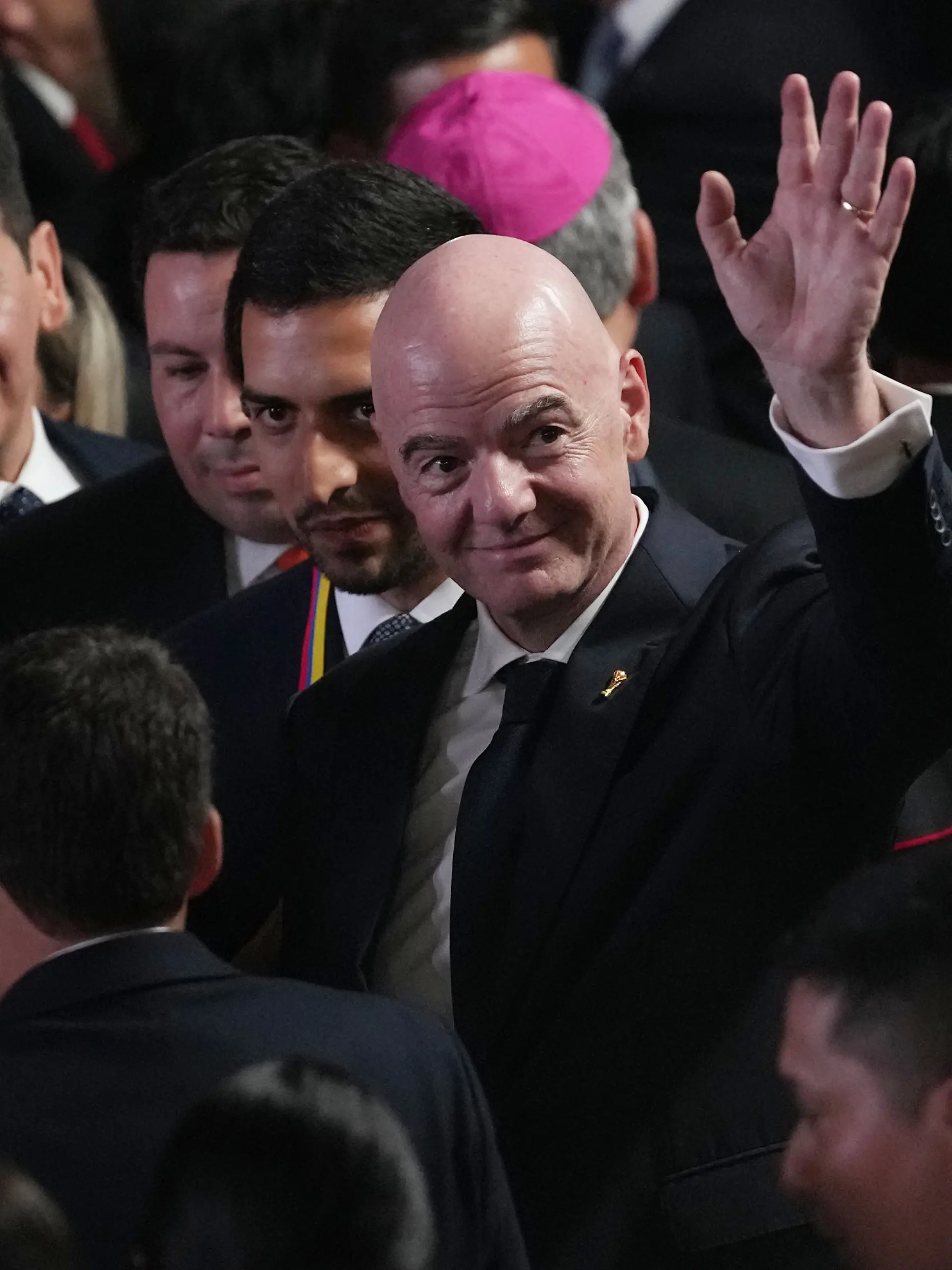 FIFA President Gianni Infantino arrives for the inauguration of President Abelardo de la Espriella in Cali, Colombia, Friday, Aug. 7, 2026. (AP Photo/Matias Delacroix)