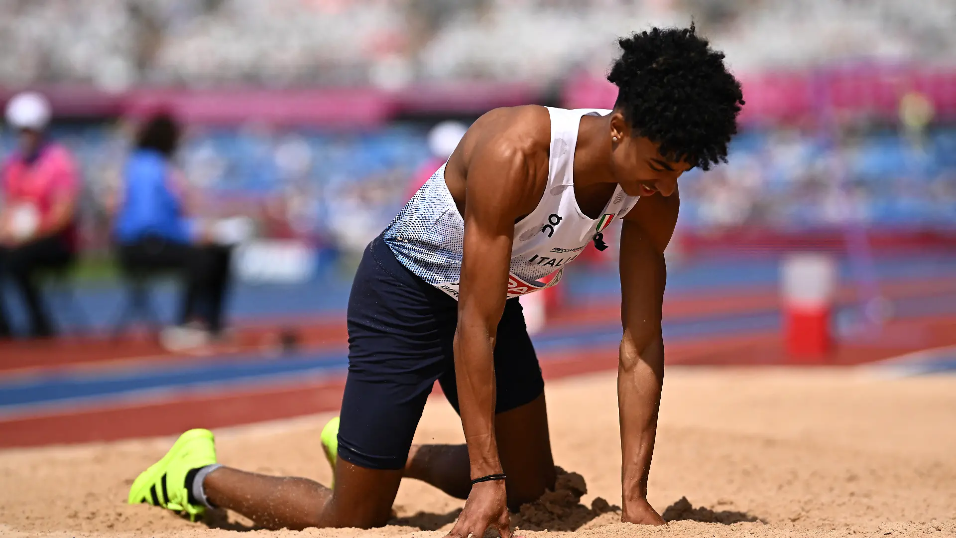 Athletics - European Athletics Championships - Alexander Stadium, Birmingham, Britain - August 10, 2026 Italy's Mattia Furlani reacts during the men's long jump qualification REUTERS/Dylan Martinez