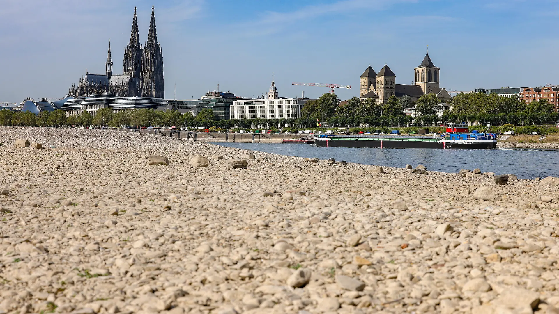 Sommer im Rheinland. Blick auf den Rhein bei Koeln (Köln) - Deutz. Der Rhein in Koeln (Köln) fuehrt (führt) Niedrigwasser aufgrund anhaltender Trockenheit. Im Hintergrund der Koelner (Kölner) Dom. Ein Schiff ist unterwegs. Sommer im Rheinland am 09.08.2026 in Koeln (Köln)/Deutschland.