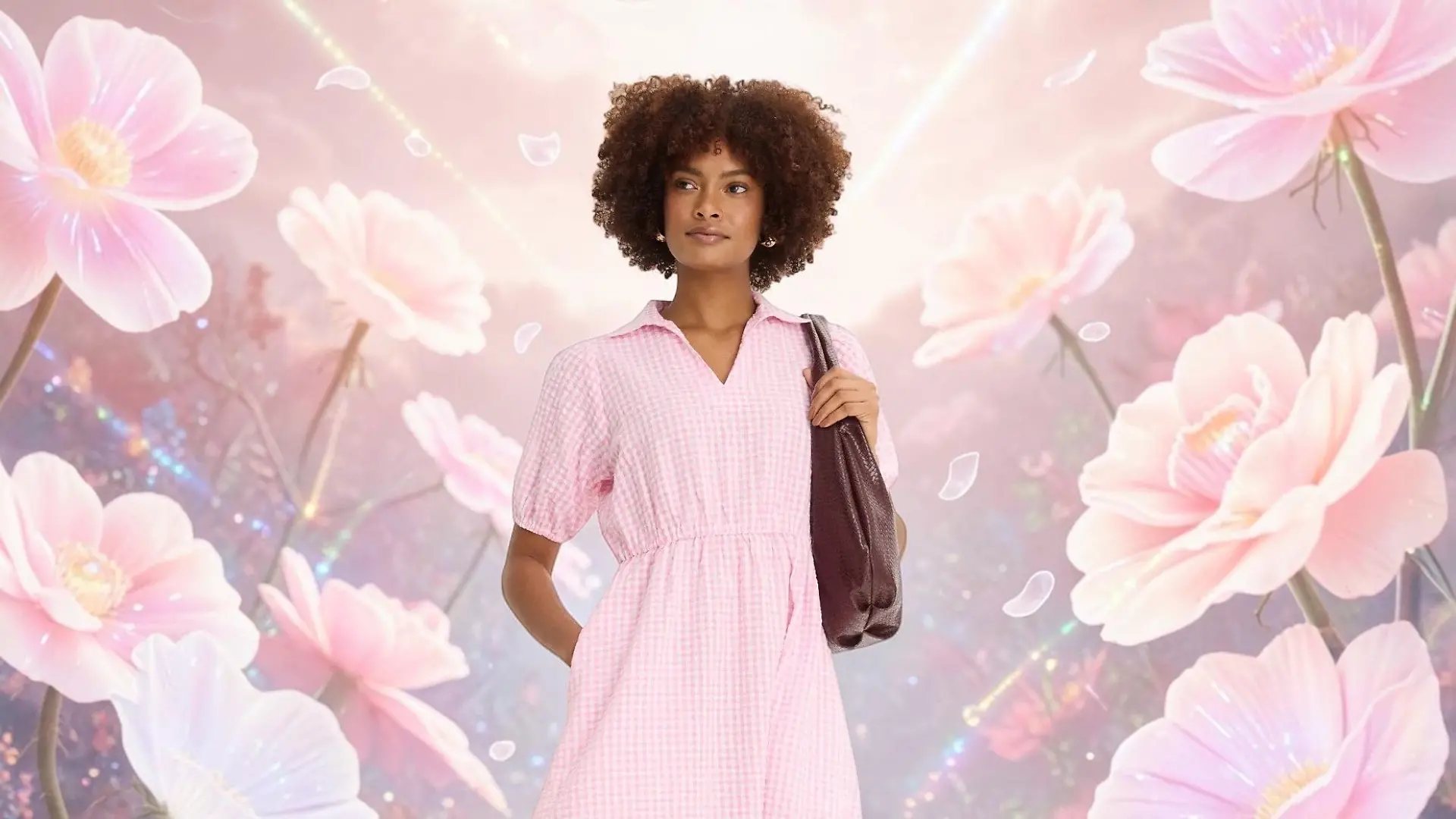 Seersucker-Midikleid aus reiner Baumwolle vor rosa Blumen-Hintergrund