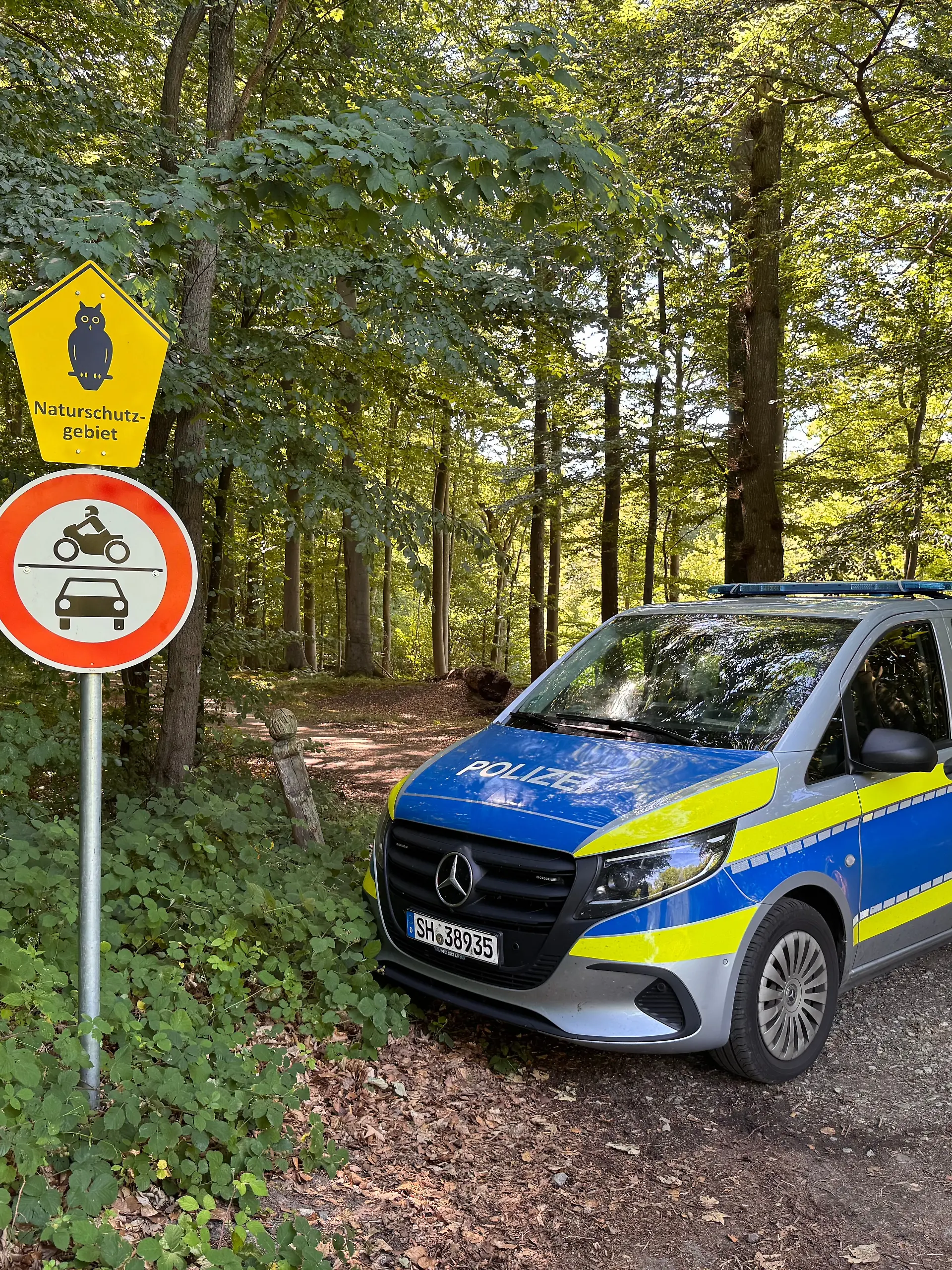 Ein Einsatzfahrzeug der Polizei steht vor einem Waldstück im Landkreis Schleswig-Flensburg. In der Nähe von Flensburg hat ein Jäger einen in Plastikfolie verpackten Torso eines Mannes gefunden.