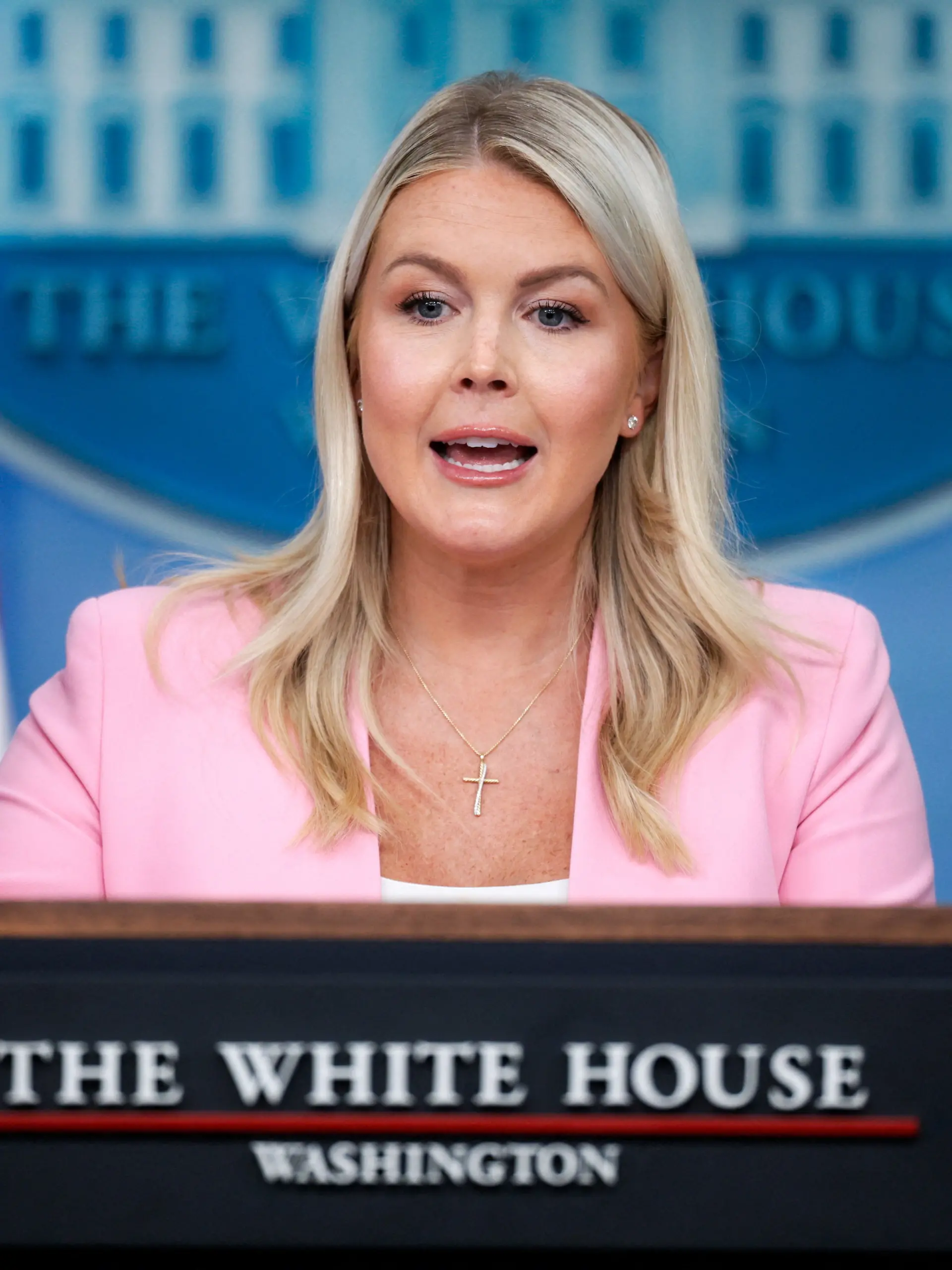 White House Press Secretary Karoline Leavitt delivers a press briefing in the James S. Brady Press Briefing Room at the White House in Washington, D.C., U.S., July 16, 2026. REUTERS/Evan Vucci