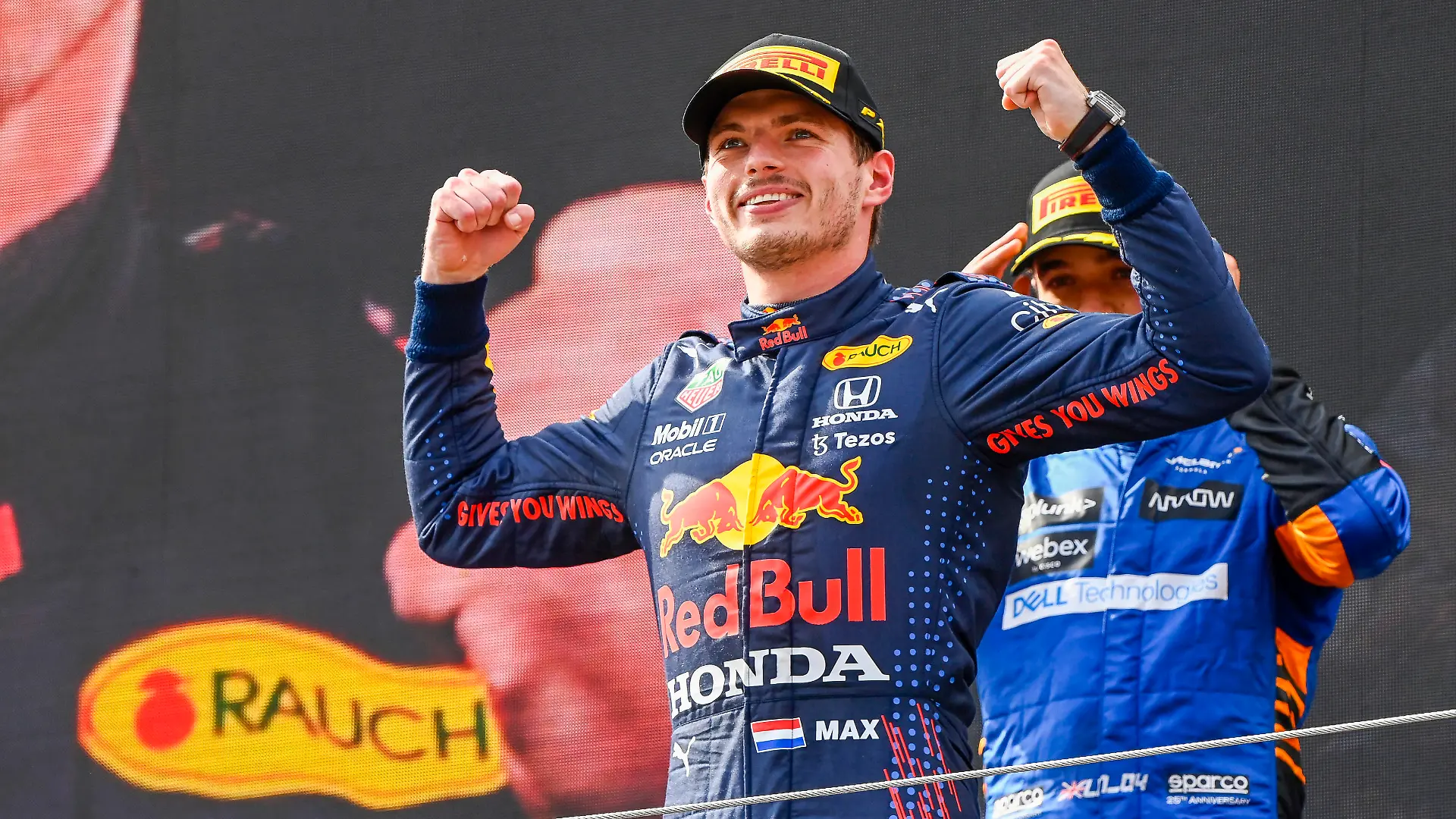 Formula 1 2021: Austrian GP RED BULL RING, AUSTRIA - JULY 04: Max Verstappen, Red Bull Racing, 1st position, celebrates on the podium during the Austrian GP at Red Bull Ring on Sunday July 04, 2021 in Spielberg, Austria. Photo by Mark Sutton / Sutton Images Images PUBLICATIONxINxGERxSUIxAUTxHUNxONLY GP2109_143813_MS23353