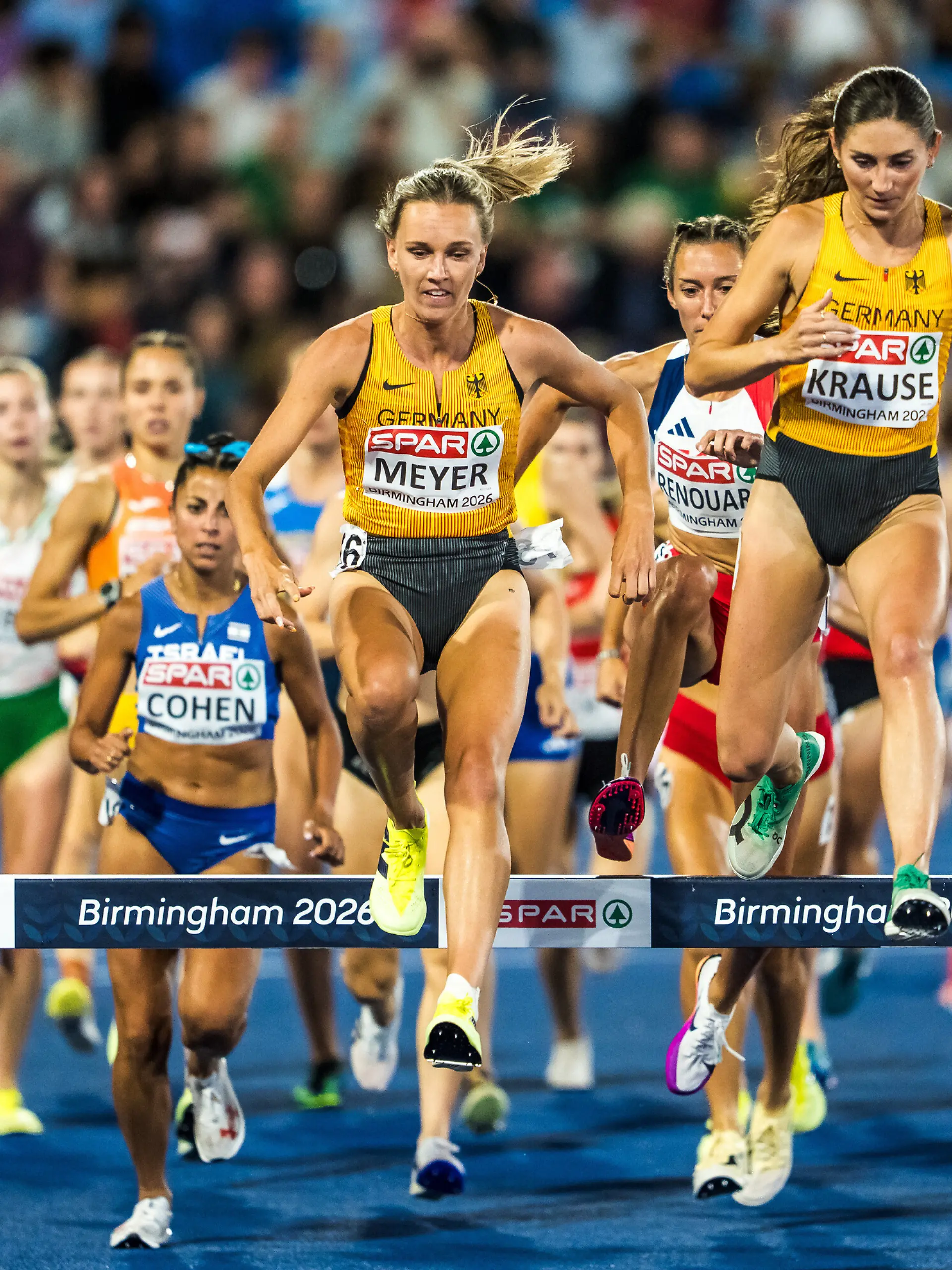 BIRMINGHAM, UNITED KINGDOM - AUGUST 10: Lea Meyer (GER - Germany) and Gesa Felicitas Krause (GER - Germany) compete in the first round of the womens 3000 m steeple chase on August 10, 2026 in Birmingham, United Kingdom.