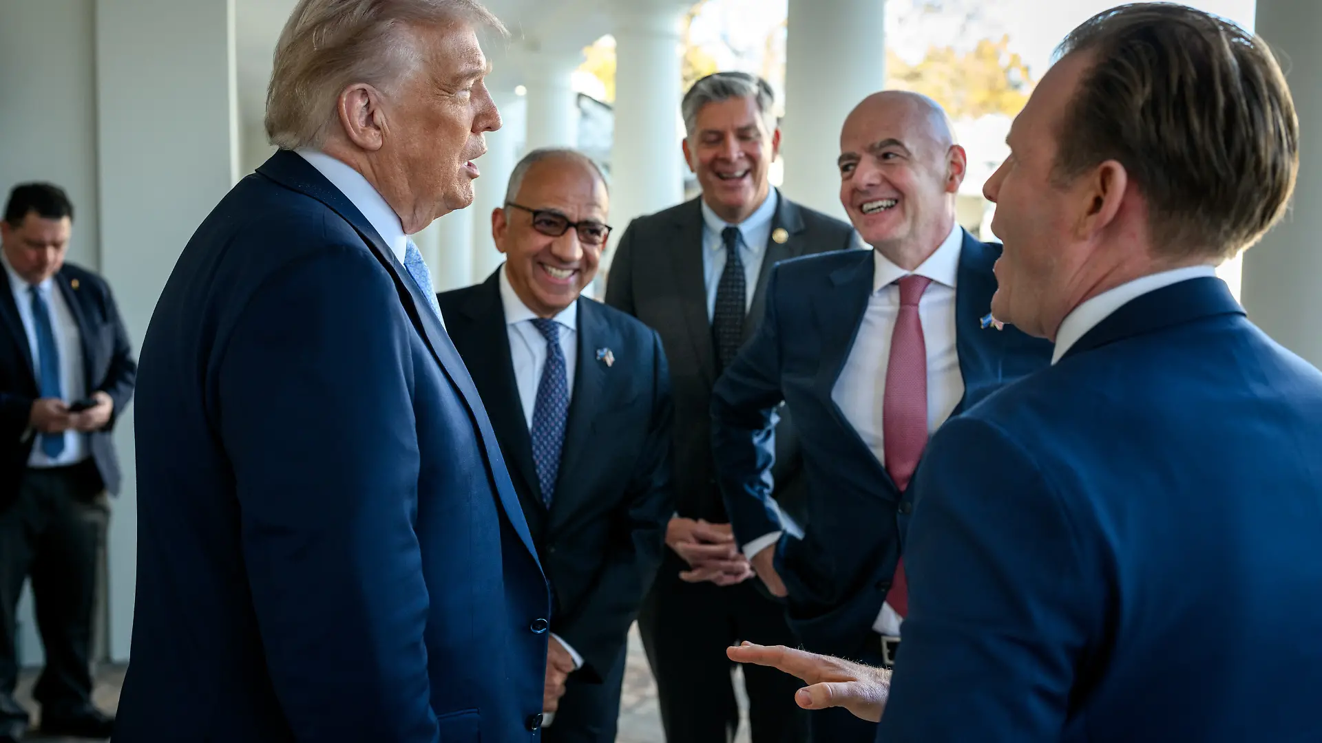 President Donald Trump speaks with Andrew Giuliani, FIFA President Gianni Infantino, FIFA senior adviser Carlos Cordeiro, and Rep. Darin LaHood (R-IL) outside of the Oval Office after meeting with the White House Task Force on the 2026 FIFA World Cup, Monday, November 17, 2025., Credit:Daniel Torok / Avalon