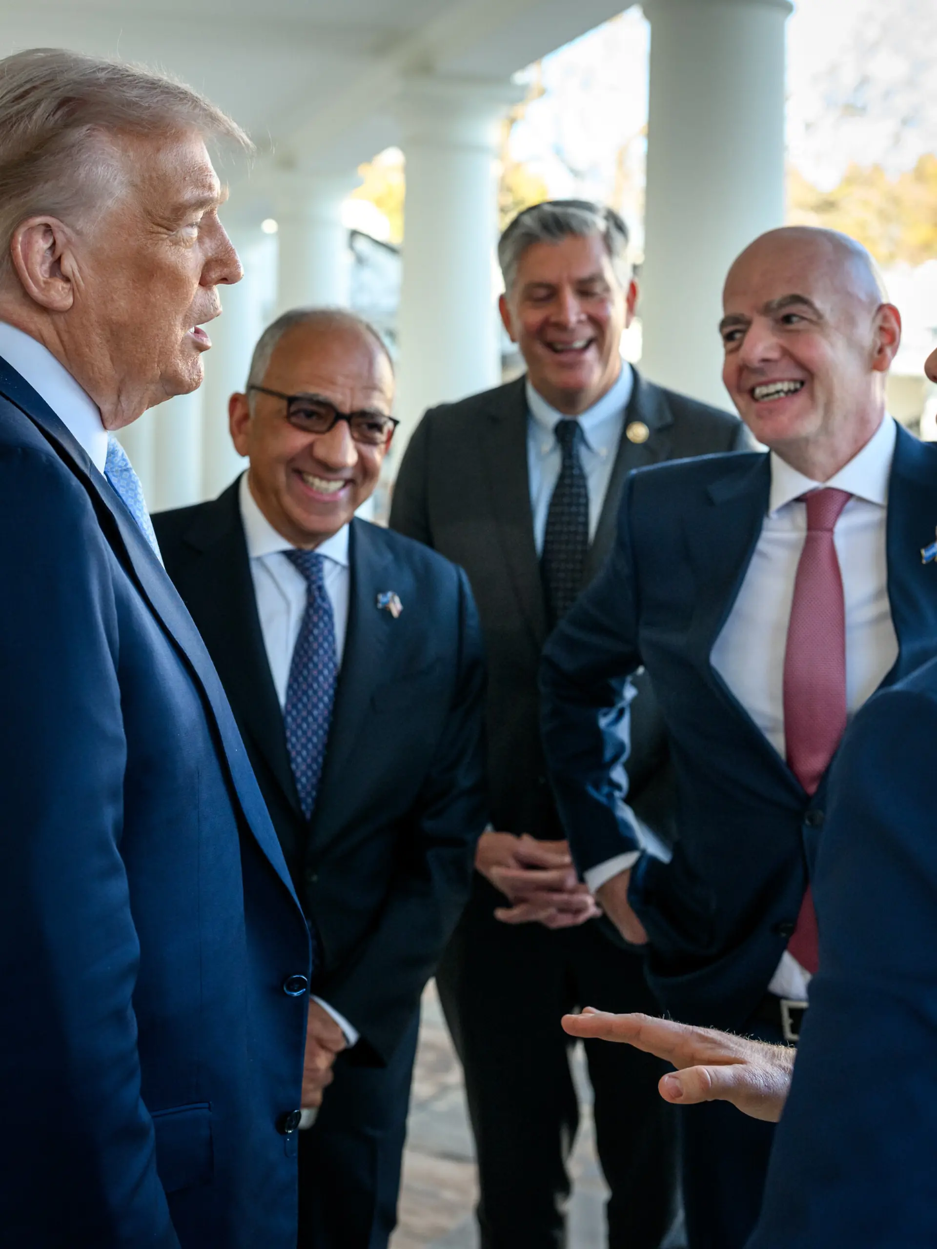 President Donald Trump speaks with Andrew Giuliani, FIFA President Gianni Infantino, FIFA senior adviser Carlos Cordeiro, and Rep. Darin LaHood (R-IL) outside of the Oval Office after meeting with the White House Task Force on the 2026 FIFA World Cup, Monday, November 17, 2025., Credit:Daniel Torok / Avalon