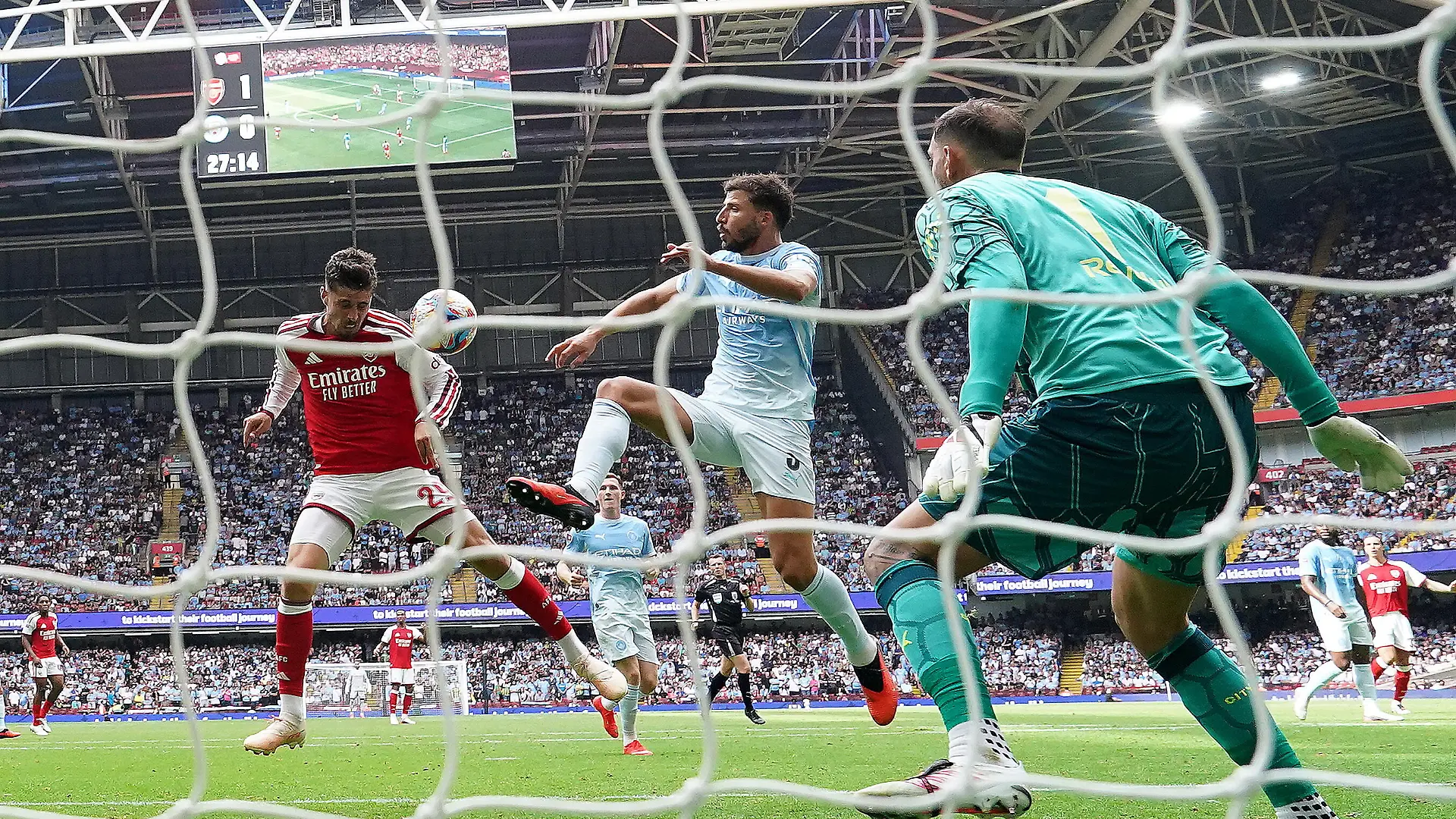 Manchester City v Arsenal - FA Community Shield - Principality Stadium. Arsenal's Kai Havertz (left) scores their side's second goal during the FA Community Shield match at the Principality Stadium, Cardiff. Picture date: Sunday August 16, 2026. Photo credit should read: Nick Potts/PA Wire. RESTRICTIONS: Use subject to restrictions. Editorial use only, no commercial use without prior consent from rights holder. URN:85584187