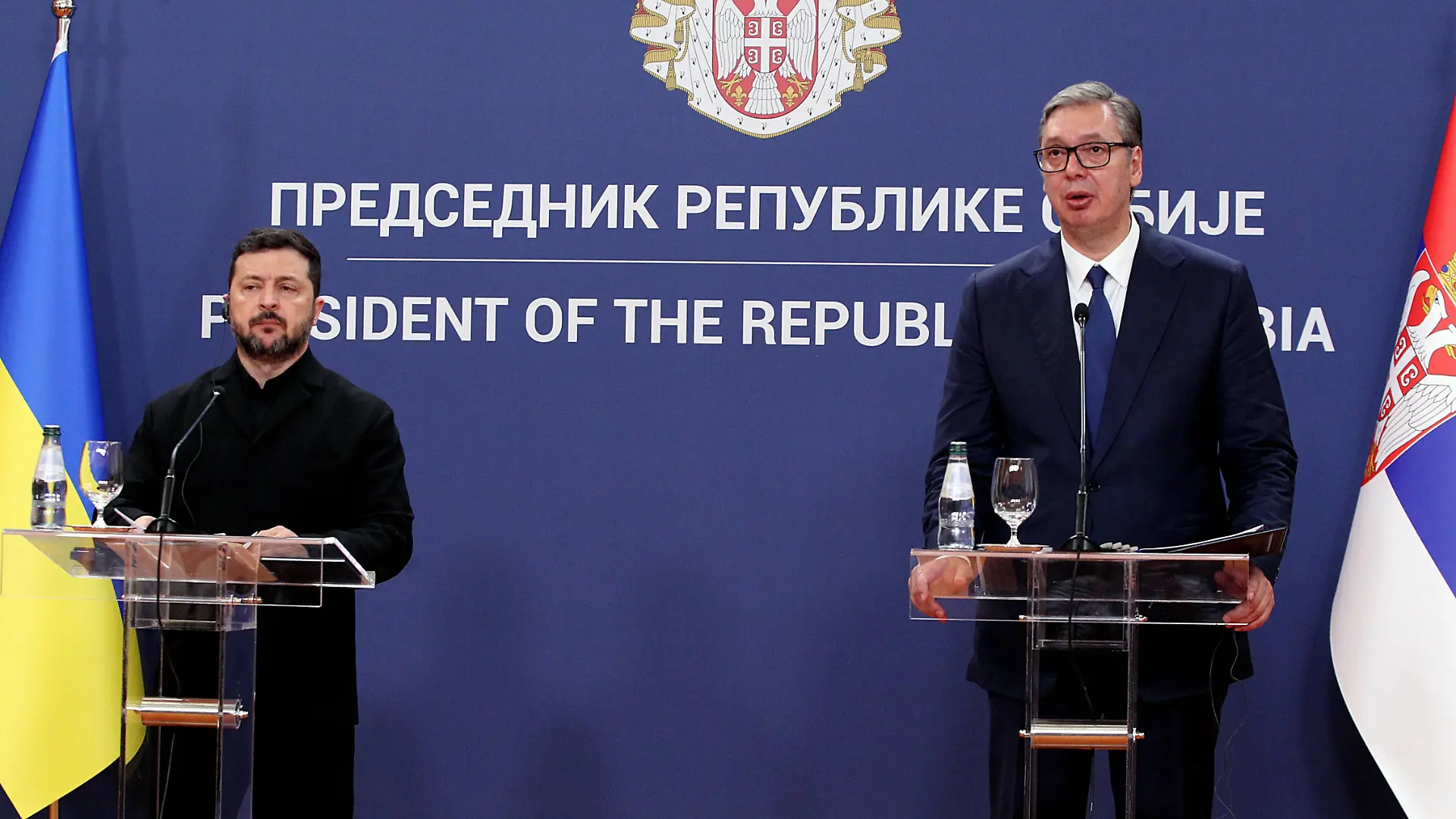 BELGRADE, SERBIA — August 8, 2026. Serbian President Aleksandar Vu?i? met with Ukrainian President Volodymyr Zelenskyy at the Palace of Serbia in Belgrade. During the meeting, the two sides signed a memorandum of cooperation in the fields of animal health and food safety.//BETAAGENCY_sipa.13705/Credit:Obradovic/BetaPhoto/SIPA/2608081527
