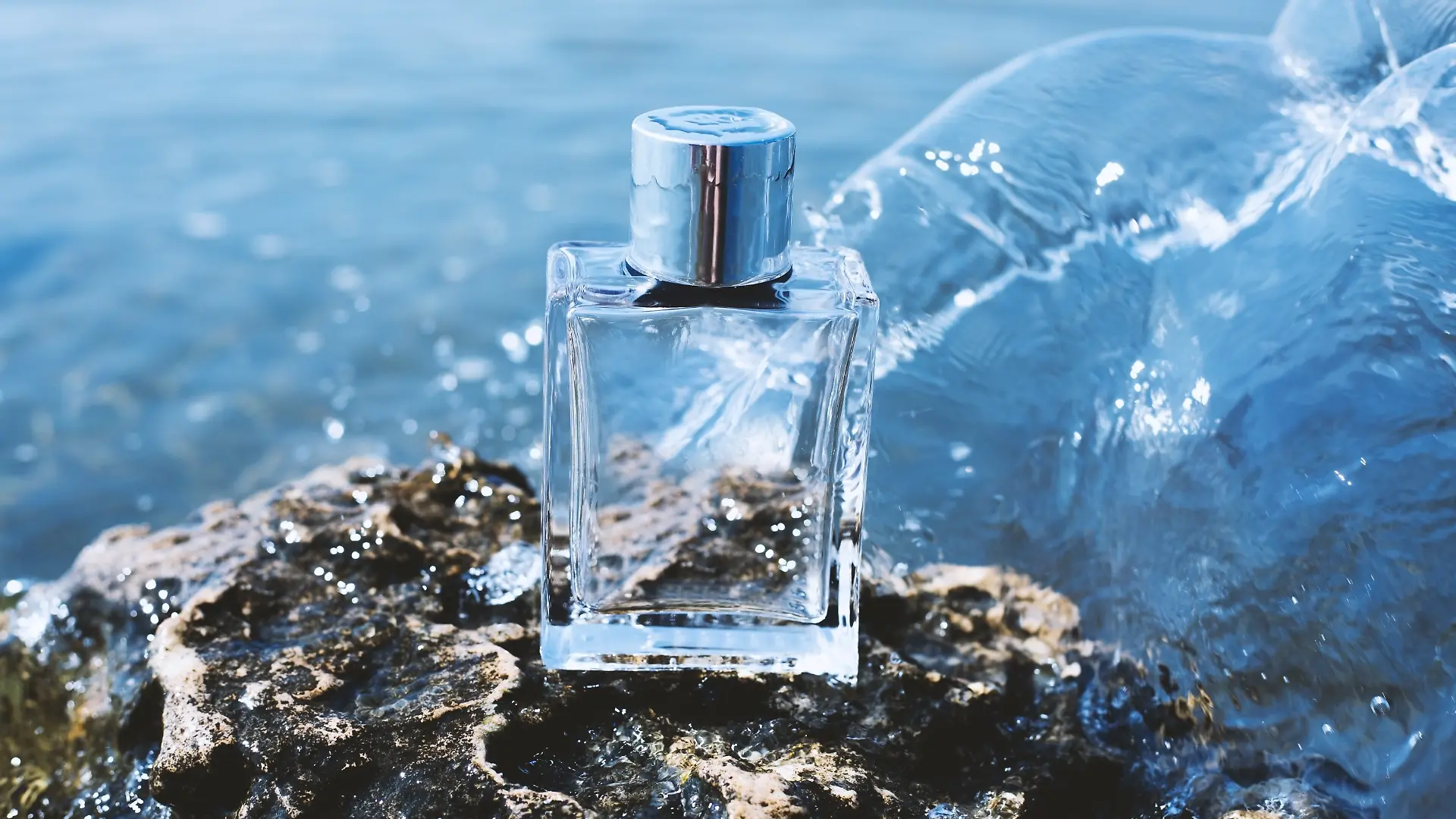 Ein neutraler Parfumflakon steht auf einem Felsen und wird von einer Welle nassgespritzt