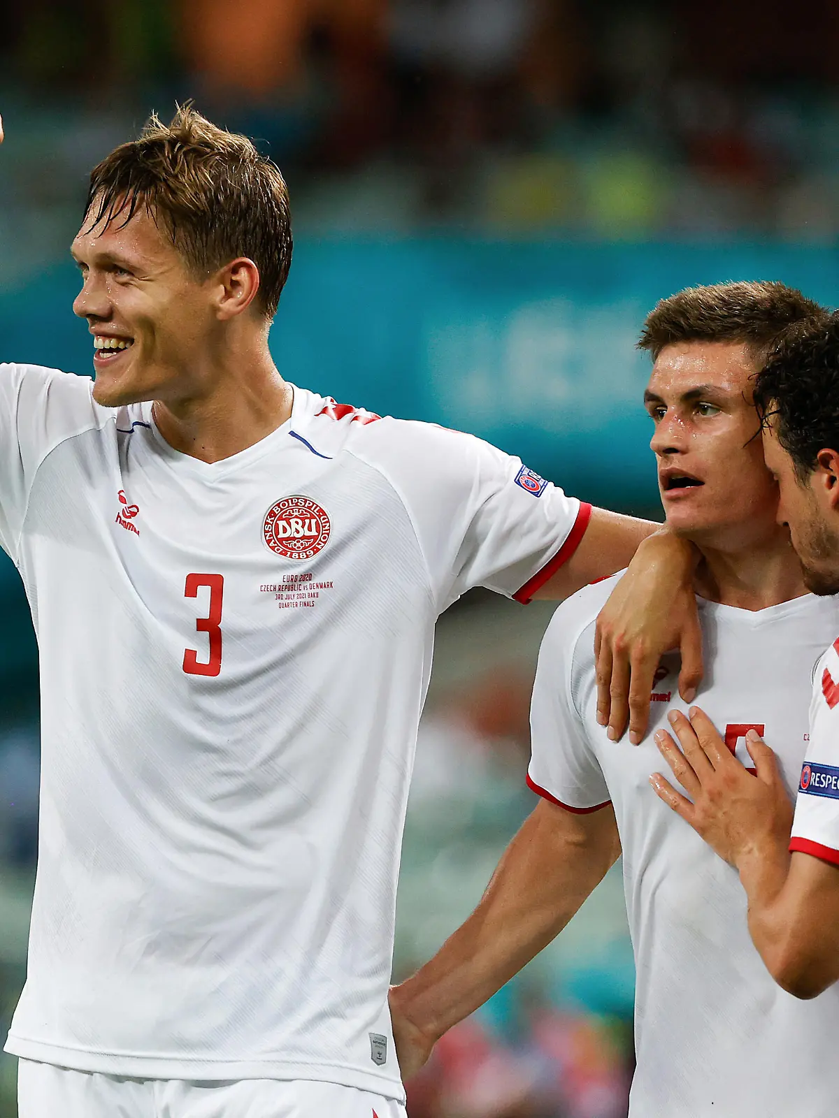 BAKU, AZERBAIJAN - JULY 03: Jannik Vestergaard, Joakim Maehle and Thomas Delaney of Denmark celebrate their side's second goal scored by team mate Kasper Dolberg (not pictured) during the UEFA Euro 2020 Championship Quarter-final match between Czech Republic and Denmark at Baku Olimpiya Stadionu on July 03, 2021 in Baku, Azerbaijan. (Photo by Valetin Ogirenko - Pool/Getty Images)