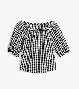 Carmenbluse aus reiner Baumwolle, schwarz-weiß kariert