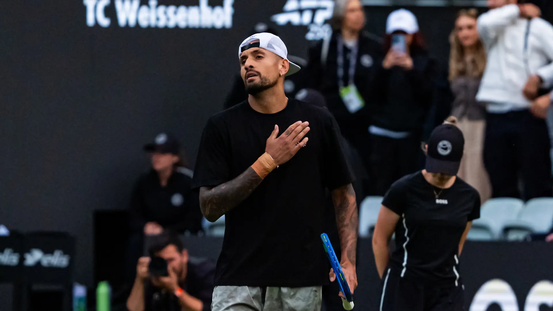 Stuttgart, GERMANY - June 09: Nick Kyrgios (AUS) after his Win in the Singles Match between Nick Kyrgios (AUS) vs. Cornetin Moutet (FRA)at BOSS OPEN 2026, Tennisanlage Weissenhof on June 09, 2026 in Stuttgart, Germany.