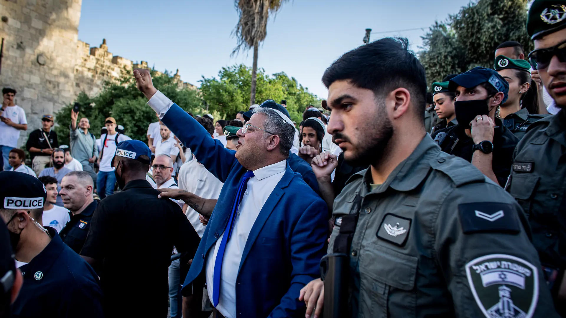May 14, 2026, Jerusalem, Israel: Israeli Minister of National security Itamar Ben Gvir waves at supporters outside Damascus gate In Jerusalem. Israeli nationalists, many of them teenagers and young adults, swept through the narrow streets of Jerusalem's Old City during the annual Jerusalem Day march, chanting Death to Arabs and May your villages burn as tens of thousands paraded to celebrate what Israeli authorities call the reunification of Jerusalem following Israel's capture and annexation of east Jerusalem in the 1967 Arab-Israeli war, while many Palestinian residents remained barricaded indoors and shopkeepers were forced, ostensibly for their own protection, to close their businesses. (Credit Image: © Eyal Warshavsky/SOPA Images via ZUMA Press Wire