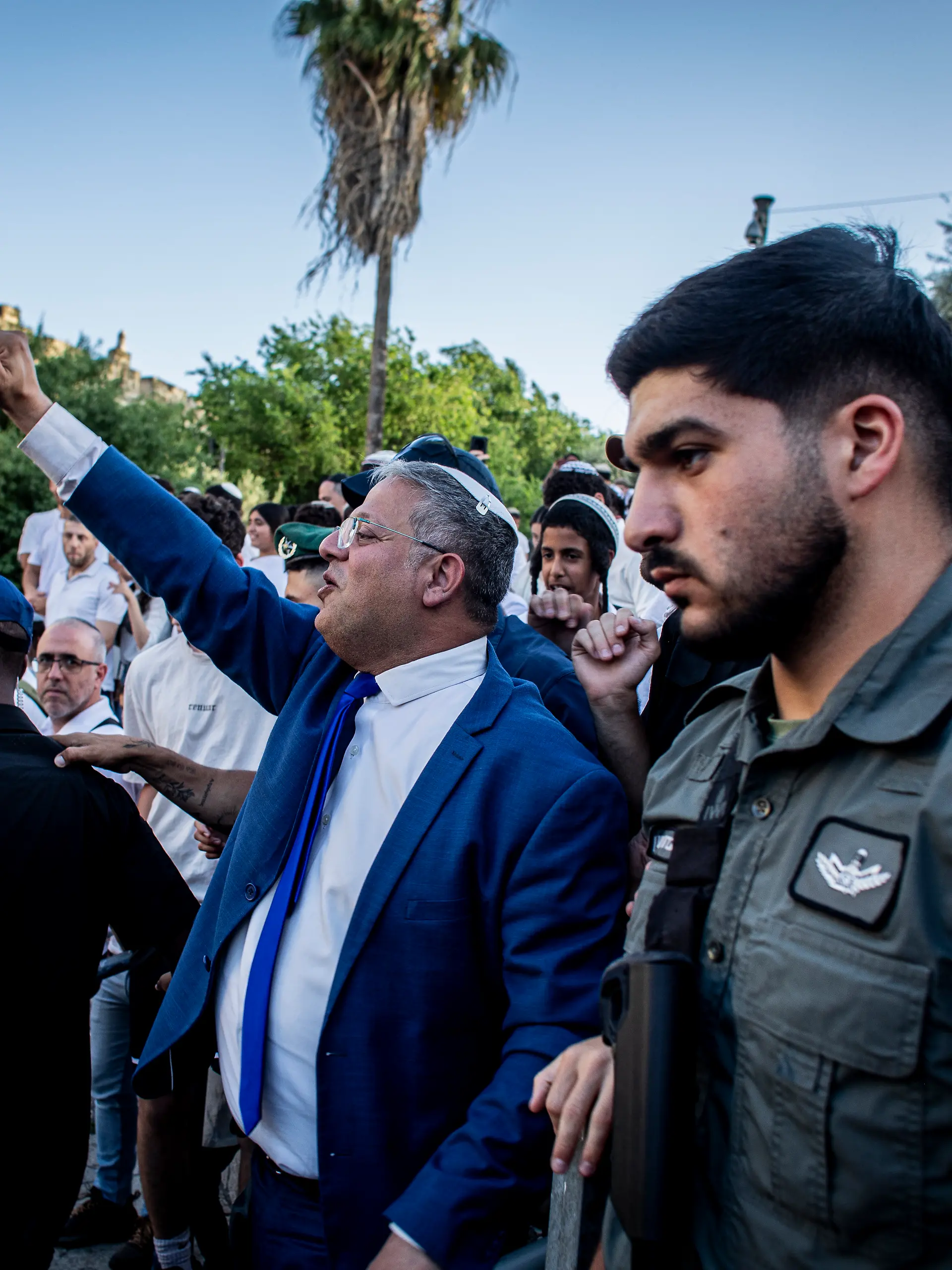 May 14, 2026, Jerusalem, Israel: Israeli Minister of National security Itamar Ben Gvir waves at supporters outside Damascus gate In Jerusalem. Israeli nationalists, many of them teenagers and young adults, swept through the narrow streets of Jerusalem's Old City during the annual Jerusalem Day march, chanting Death to Arabs and May your villages burn as tens of thousands paraded to celebrate what Israeli authorities call the reunification of Jerusalem following Israel's capture and annexation of east Jerusalem in the 1967 Arab-Israeli war, while many Palestinian residents remained barricaded indoors and shopkeepers were forced, ostensibly for their own protection, to close their businesses. (Credit Image: © Eyal Warshavsky/SOPA Images via ZUMA Press Wire