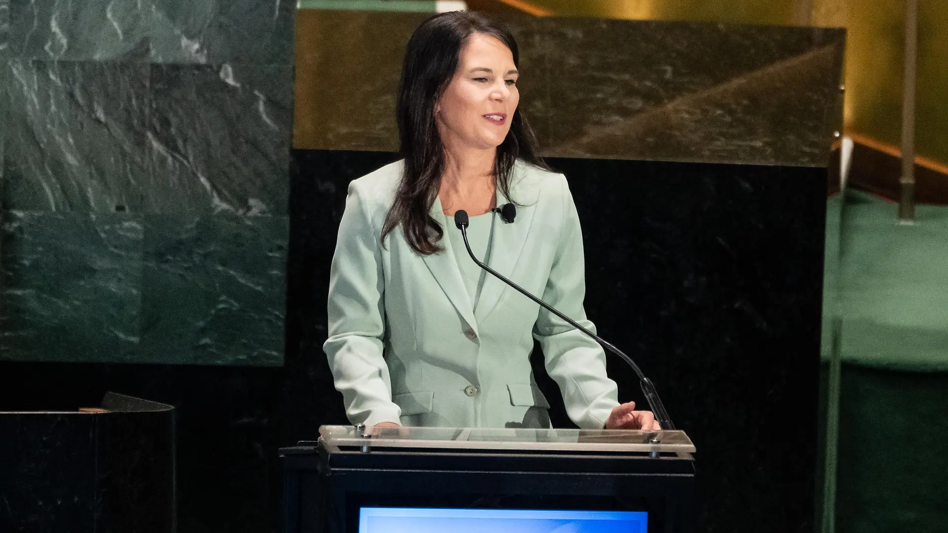July 23, 2026, New York, New York, USA: President of the General Assembly Annalena Baerbock delivers opening remarks before candidates for the position of Secretary-General respond to questions on key challenges for the United Nations in a televised debate organized by the President of the General Assembly Annalena Baerbock and sponsored by Bloomberg at UN Headquarters in New York, NY on July 23, 2026. There were 6 candidates: Michele Bachelet, Maria Fernanda Espinosa, Rafael Mariano Grossi, Rebeca Grynspan, Carolyn Rodriguez Birkett and Macky Sall. (Credit Image: © Lev Radin/ZUMA Press Wire