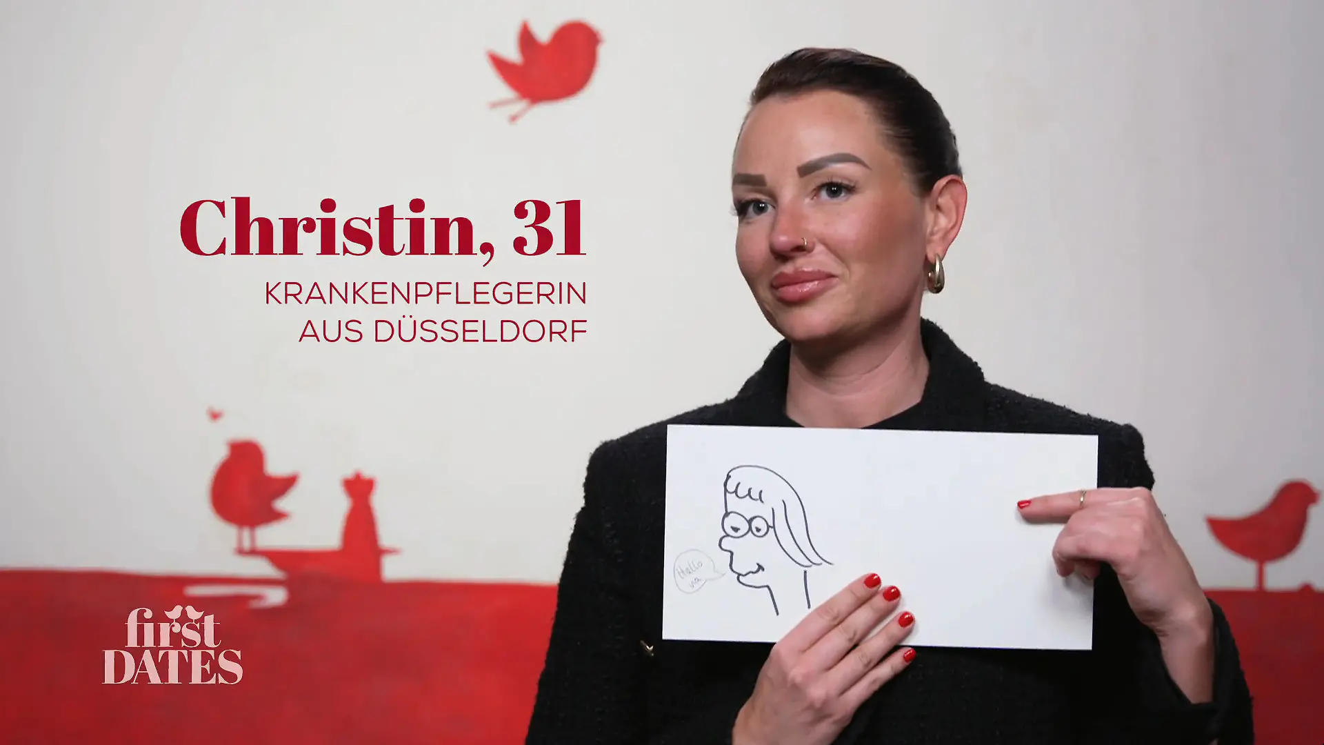 Viktor vergleicht Christin mit seiner Wunschzeichnung Traumfrau auf Papier