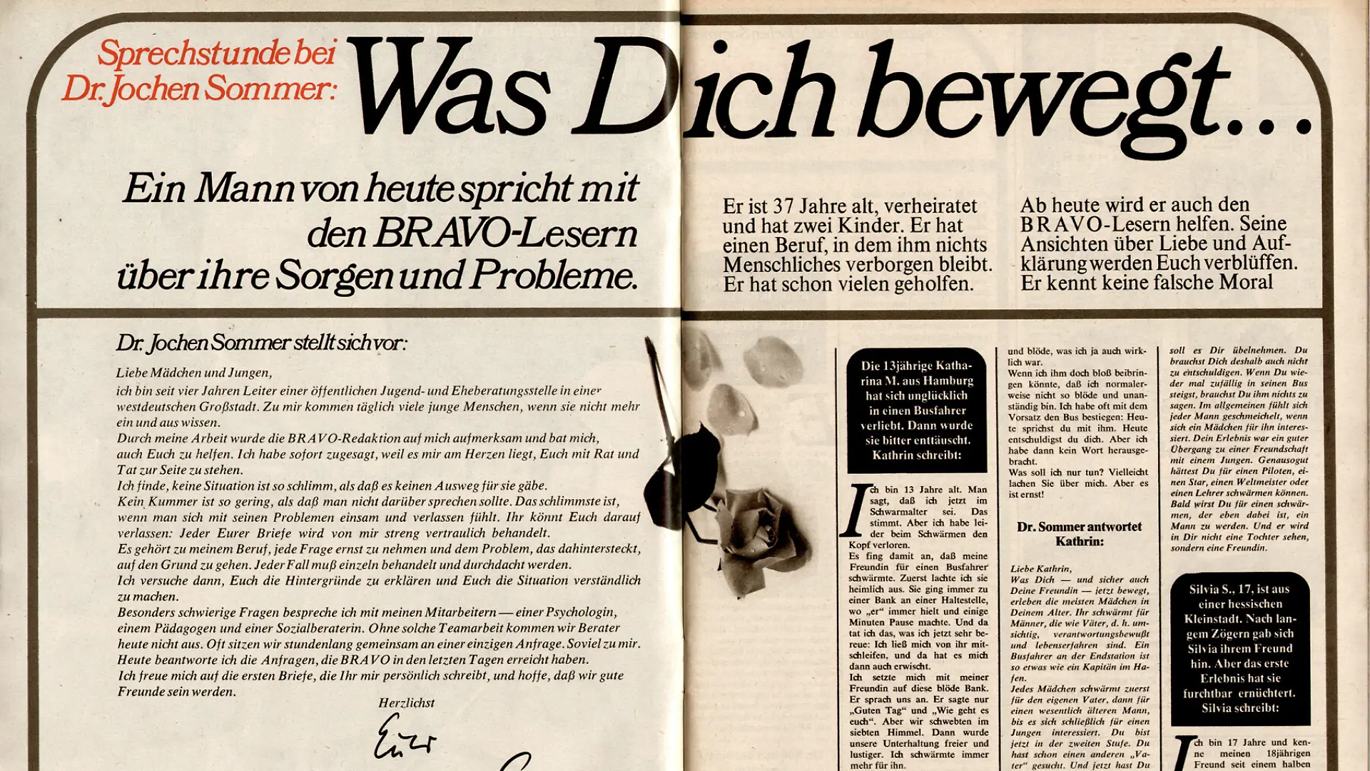 Die undatierte Aufnahme zeigt eine Doppelseite der Bravo mit der Rubrik „Dr. Sommer”