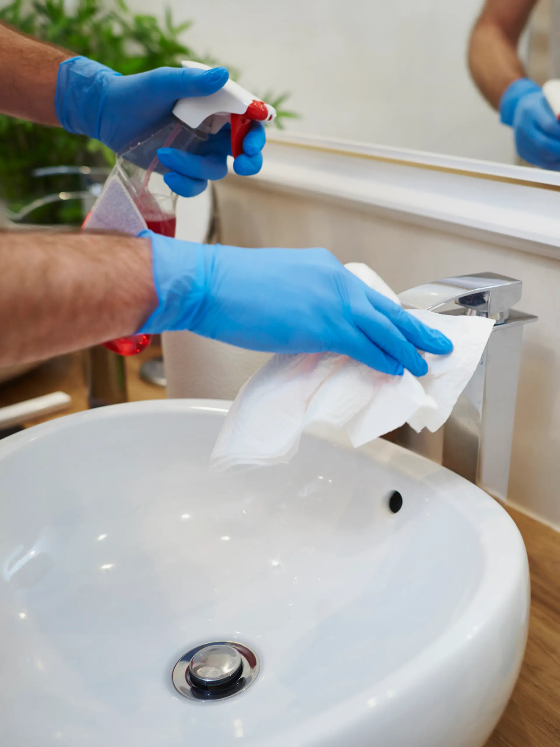 Männerhände putzen Waschbecken im Badezimmer