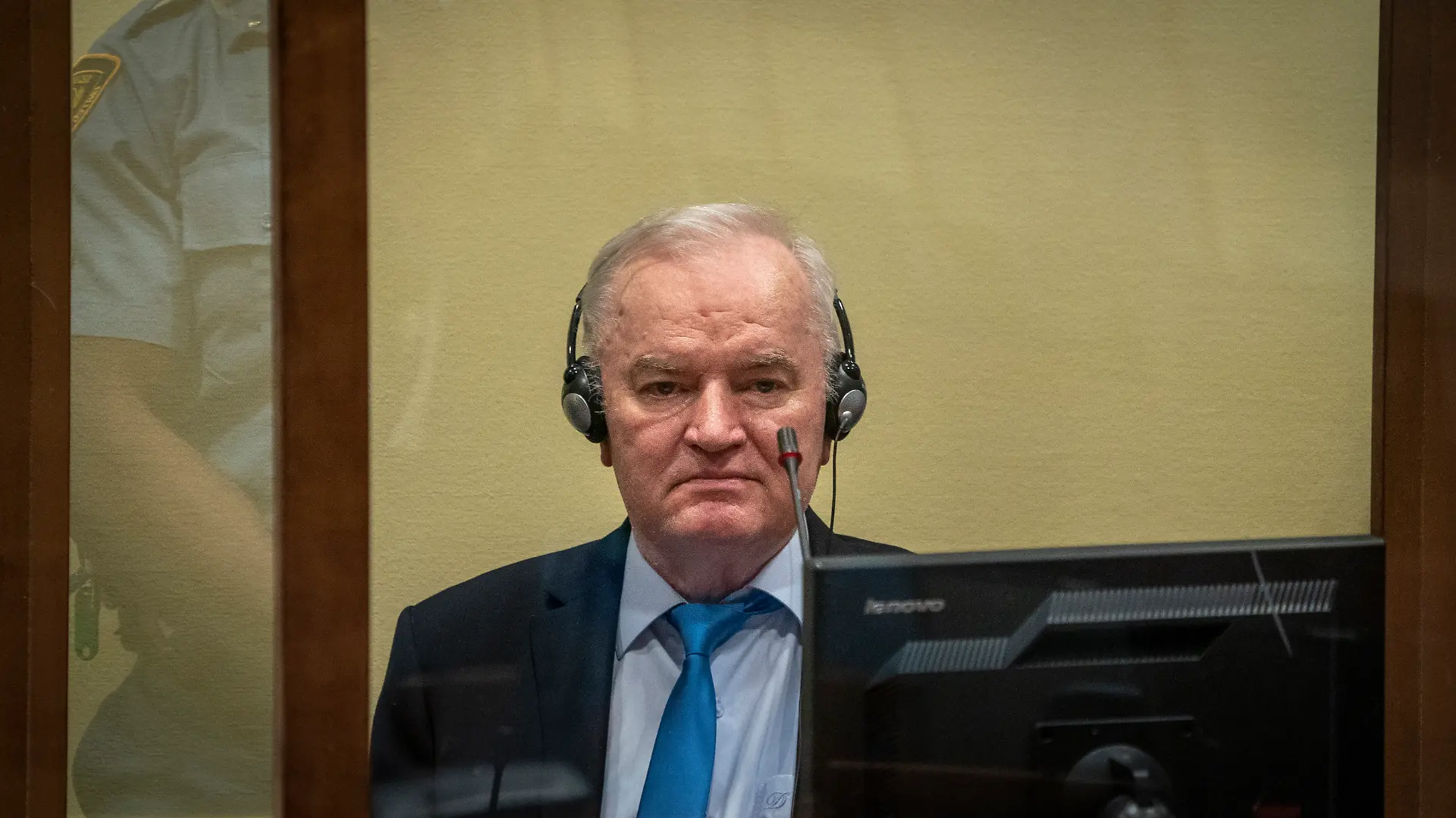 Former Bosnian Serb military chief Ratko Mladic sits in the court room in The Hague, Netherlands, Tuesday, June 8, 2021, where the United Nations court delivers its verdict in the appeal of Mladic against his convictions for genocide and other crimes and his life sentence for masterminding atrocities throughout the Bosnian war. (Jerry Lampen/Pool via AP)