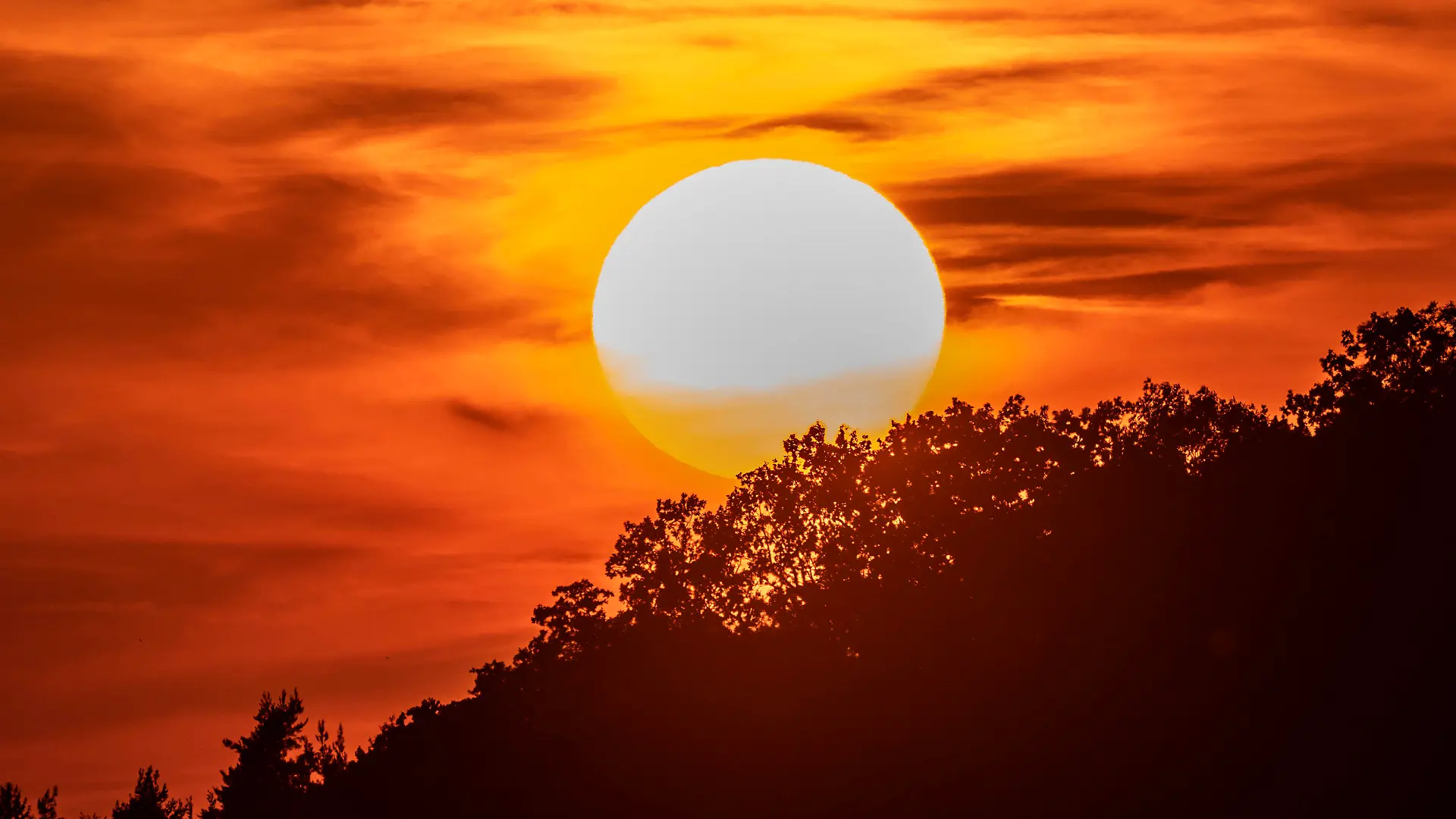 Deutschland, München, 27. Juni 2026, Sonnenuntergang vor der heißesten Nacht des Jahres, die Sonne versinkt um kurz nach 21 Uhr hinter einem Waldstück am Münchner Stadtrand, Abendrot, die folgende Nacht auf den 28. Juni brachte kaum Abkühlung, Beginn einer Tropennacht mit Temperaturen teils deutlich über 20 Grad, Rekordhitze am Tag, Rekordhitze bei Nacht, Landschaft, Kippmoment, Klima, Klimawandel, Bayern, bayerisch,