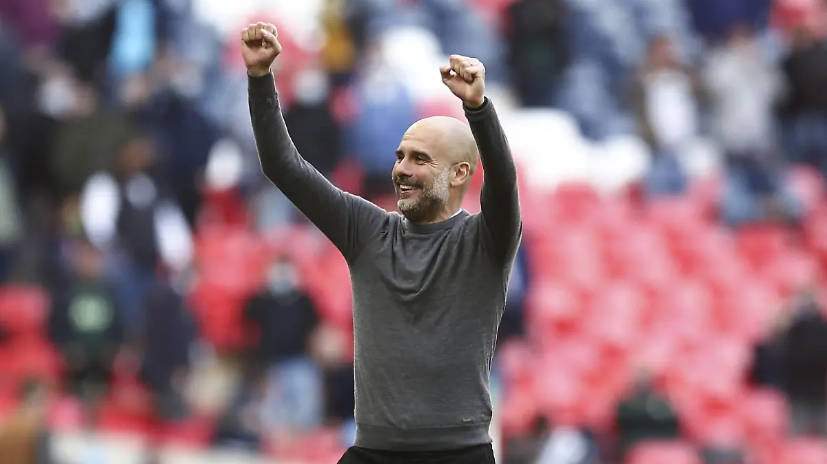  Mandatory Credit: Photo by Michael Zemanek/BPI/Shutterstock 11872513ci Manchester City Manager Pep Guardiola celebrates after winning the Carabao Cup for a record fourth time Manchester City v Tottenham Hotspur, Carabao Cup, Final, Football, Wembley Stadium, London, UK - 25 Apr 2021 EDITORIAL USE ONLY No use with unauthorised audio, video, data, fixture lists, club/league logos or live services. Online in-match use limited to 120 images, no video emulation. No use in betting, games or single club/league/player publications. Manchester City v Tottenham Hotspur, Carabao Cup, Final, Football, Wembley Stadium, London, UK - 25 Apr 2021 EDITORIAL USE ONLY No use with unauthorised audio, video, data, fixture lists, club/league logos or live services. Online in-match use limited to 120 images, no video emulation. No use in betting, games or single club/league/player publications. PUBLICATIONxINxGERxSUIxAUTXHUNxGRExMLTxCYPxROMxBULxUAExKSAxONLY Copyright: xMichaelxZemanek/BPI/Shutterstockx 11872513ci
