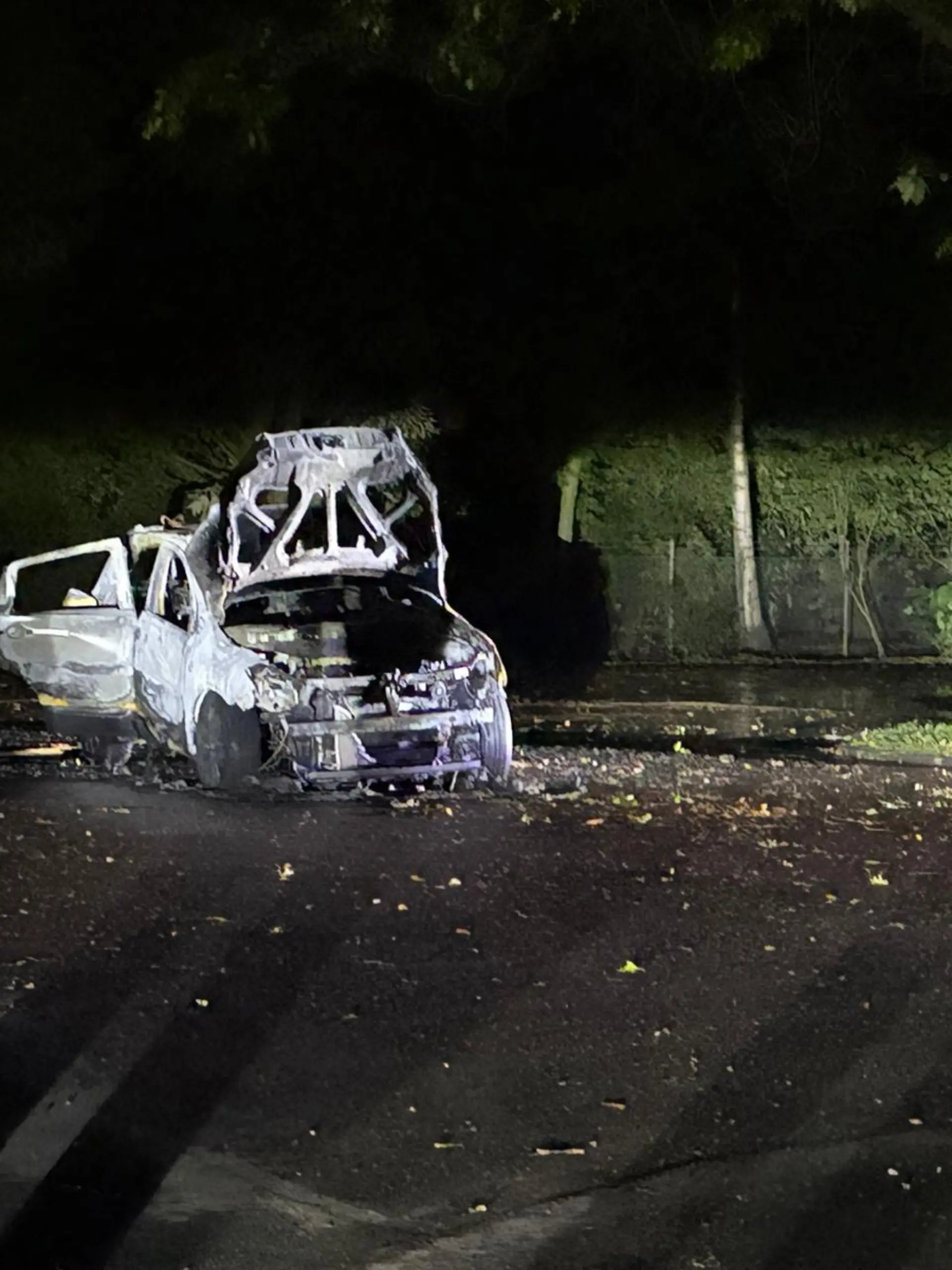 01.09.2026, Nordrhein-Westfalen, Mönchengladbach: Ein ausgebranntes Auto steht vor einem Zaun. Ein Mann soll in Mönchengladbach seine Schwägerin getötet und seine Ehefrau lebensgefährlich verletzt haben. Er wurde kurz nach dem tödlichen Streit am Montag (31.08.2026) neben dem noch brennenden Auto von der Polizei entdeckt und festgenommen. Foto: Tim Lehmann/dpa +++ dpa-Bildfunk +++